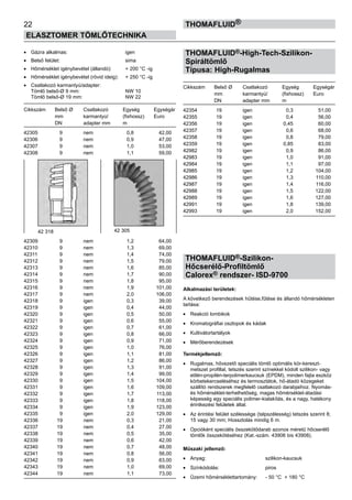 22
ELASZTOMER TÖMLŐTECHNIKA
thomafluid®
•	 Gázra alkalmas:	 igen
•	 Belső felület:	 sima
•	 Hőmérséklet igénybevétel (állandó):	 + 200 °C -ig
•	 Hőmérséklet igénybevétel (rövid ideig):	 + 250 °C -ig
•	 Csatlakozó karmantyú/adapter:	
Tömlő belső-Ø 9 mm:	 NW 10
Tömlő belső-Ø 19 mm:	 NW 22
Cikkszám	 Belső Ø	 Csatlakozó	 Egység	 Egységár
	 mm	 karmantyú/	 (fixhossz)	 Euro
	 DN	 adapter mm	 m
42305	 9	 nem	 0,8	 42,00
42306	 9	 nem	 0,9	 47,00
42307	 9	 nem	 1,0	 53,00
42308	 9	 nem	 1,1	 59,00
42309	 9	 nem	 1,2	 64,00
42310	 9	 nem	 1,3	 69,00
42311	 9	 nem	 1,4	 74,00
42312	 9	 nem	 1,5	 79,00
42313	 9	 nem	 1,6	 85,00
42314	 9	 nem	 1,7	 90,00
42315	 9	 nem	 1,8	 95,00
42316	 9	 nem	 1,9	 101,00
42317	 9	 nem	 2,0	 106,00
42318	 9	 igen	 0,3	 39,00
42319	 9	 igen	 0,4	 44,00
42320	 9	 igen	 0,5	 50,00
42321	 9	 igen	 0,6	 55,00
42322	 9	 igen	 0,7	 61,00
42323	 9	 igen	 0,8	 66,00
42324	 9	 igen	 0,9	 71,00
42325	 9	 igen	 1,0	 76,00
42326	 9	 igen	 1,1	 81,00
42327	 9	 igen	 1,2	 86,00
42328	 9	 igen	 1,3	 91,00
42329	 9	 igen	 1,4	 99,00
42330	 9	 igen	 1,5	 104,00
42331	 9	 igen	 1,6	 109,00
42332	 9	 igen	 1,7	 113,00
42333	 9	 igen	 1,8	 118,00
42334	 9	 igen	 1,9	 123,00
42335	 9	 igen	 2,0	 129,00
42336	 19	 nem	 0,3	 21,00
42337	 19	 nem	 0,4	 27,00
42338	 19	 nem	 0,5	 35,00
42339	 19	 nem	 0,6	 42,00
42340	 19	 nem	 0,7	 48,00
42341	 19	 nem	 0,8	 56,00
42342	 19	 nem	 0,9	 63,00
42343	 19	 nem	 1,0	 69,00
42344	 19	 nem	 1,1	 73,00
THOMAFLUID®-High-Tech-Szilikon-
Spiráltömlő
Típusa: High-Rugalmas
Cikkszám	 Belső Ø	 Csatlakozó	 Egység	 Egységár
	 mm	 karmantyú/	 (fixhossz)	 Euro
	 DN	 adapter mm	 m
42354	 19	 igen	 0,3	 51,00
42355	 19	 igen	 0,4	 56,00
42356	 19	 igen	 0,45	 60,00
42357	 19	 igen	 0,6	 68,00
42358	 19	 igen	 0,8	 79,00
42359	 19	 igen	 0,85	 83,00
42982	 19	 igen	 0,9	 86,00
42983	 19	 igen	 1,0	 91,00
42984	 19	 igen	 1,1	 97,00
42985	 19	 igen	 1,2	 104,00
42986	 19	 igen	 1,3	 110,00
42987	 19	 igen	 1,4	 116,00
42988	 19	 igen	 1,5	 122,00
42989	 19	 igen	 1,6	 127,00
42991	 19	 igen	 1,8	 139,00
42993	 19	 igen	 2,0	 152,00
THOMAFLUID®-Szilikon-
Hőcserélő-Profiltömlő
Calorex® rendszer- ISD-9700
Alkalmazási területek:
A következő berendezések hűtése,fűtése és állandó hőmérsékleten
tartása:
•	 Reakció lombikok
•	 Kromatográfiai oszlopok és kádak
•	 Kultivátortartályok
•	 Mérőberendezések
Termékjellemző:
•	 Rugalmas, hővezető speciális tömlő optimális kör-kereszt-
metszet profillal, tetszés szerint színekkel kódolt szilikon- vagy
etilén-propilén-terpolimerkaucsuk (EPDM), minden fajta eszköz
körbetekercseléséhez és termosztátok, hő-átadó közegeket
szállító rendszerek megfelelő csatlakozó darabjaihoz. Nyomás-
és hőmérséklet-terhelhetőség, magas hőmérséklet-átadási
képesség egy speciális polimer-kialakítás, és a nagy, hatékony
érintkezési felületek által.
•	 Az érintési felület szélessége (talpszélesség) tetszés szerint 8;
15 vagy 30 mm; Hossztolás mindig 6 m.
•	 Opcióként speciális összekötődarab azonos méretű hőcserélő
tömlők összekötéséhez (Kat.-szám. 43906 bis 43908).
Műszaki jellemző:
•	 Anyag:	 szilikon-kaucsuk
•	 Színkódolás:	 piros
•	 Üzemi hőmérséklettartomány:	 - 50 °C + 180 °C
42 318 42 305
 