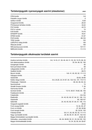 Tartalomjegyzék nyersanyagok szerint (elasztomer)	 oldal
FPM tömlők . . . . . . . . . . . . . . . . . . . . . . . . . . . . . . . . . . . . . . . . . . . . . . . . . . . . . . . . . . . . . . . . . . . . . . . . . . .  3-8
Poliolefin zsugor tömlők  . . . . . . . . . . . . . . . . . . . . . . . . . . . . . . . . . . . . . . . . . . . . . . . . . . . . . . . . . . . . . . . . . . . 8
Szilikon tömlők  . . . . . . . . . . . . . . . . . . . . . . . . . . . . . . . . . . . . . . . . . . . . . . . . . . . . . . . . . . . . . . . . . . . . . . .  8-28
Üvegszövet tömlők . . . . . . . . . . . . . . . . . . . . . . . . . . . . . . . . . . . . . . . . . . . . . . . . . . . . . . . . . . . . . . . . . . .  28-34
PVC(kereszt térhálós) tömlők . . . . . . . . . . . . . . . . . . . . . . . . . . . . . . . . . . . . . . . . . . . . . . . . . . . . . . . . . . .  34-42
PVC tömlők . . . . . . . . . . . . . . . . . . . . . . . . . . . . . . . . . . . . . . . . . . . . . . . . . . . . . . . . . . . . . . . . . . . . . . . . .  42-74
PVC-U csövek . . . . . . . . . . . . . . . . . . . . . . . . . . . . . . . . . . . . . . . . . . . . . . . . . . . . . . . . . . . . . . . . . . . . . . . . . . 74
EVA tömlők  . . . . . . . . . . . . . . . . . . . . . . . . . . . . . . . . . . . . . . . . . . . . . . . . . . . . . . . . . . . . . . . . . . . . . . . . .  74-76
EPDM/PP tömlők . . . . . . . . . . . . . . . . . . . . . . . . . . . . . . . . . . . . . . . . . . . . . . . . . . . . . . . . . . . . . . . . . . . . .  76-81
EPDM tömlők  . . . . . . . . . . . . . . . . . . . . . . . . . . . . . . . . . . . . . . . . . . . . . . . . . . . . . . . . . . . . . . . . . . . . . . .  81-87
PUR tömlők . . . . . . . . . . . . . . . . . . . . . . . . . . . . . . . . . . . . . . . . . . . . . . . . . . . . . . . . . . . . . . . . . . . . . . . .  88-105
TPEE tömlők . . . . . . . . . . . . . . . . . . . . . . . . . . . . . . . . . . . . . . . . . . . . . . . . . . . . . . . . . . . . . . . . . . . . . . . . . . 105
LDPE/PVC köteg tömlők . . . . . . . . . . . . . . . . . . . . . . . . . . . . . . . . . . . . . . . . . . . . . . . . . . . . . . . . . . . . . . . . . 106
IIR(butil) tömlők . . . . . . . . . . . . . . . . . . . . . . . . . . . . . . . . . . . . . . . . . . . . . . . . . . . . . . . . . . . . . . . . . . . . . . . . 106
NR(naturkaucsuk) tömlők . . . . . . . . . . . . . . . . . . . . . . . . . . . . . . . . . . . . . . . . . . . . . . . . . . . . . . . . . . . . . 107-111
NBR(nitril) tömlők  . . . . . . . . . . . . . . . . . . . . . . . . . . . . . . . . . . . . . . . . . . . . . . . . . . . . . . . . . . . . . . . . . . . 111-113
Tartalomjegyzék alkalmazási területek szerint
Analízis technikai tömlők . . . . . . . . . . . . . . . . . . . . . . . . . . . 3-6, 14-16, 21, 38, 46, 48, 51, 55, 59, 74-76, 88, 95
Anti elektrosztatikus tömlők . . . . . . . . . . . . . . . . . . . . . . . . . . . . . . . . . . . . . . . . . . . . . . . . . . . 20, 64, 86, 92, 106
Autogéngáz tömlők . . . . . . . . . . . . . . . . . . . . . . . . . . . . . . . . . . . . . . . . . . . . . . . . . . . . . . . . . . . . . . . . . . . . . . 85
Kerti permetező tömlők . . . . . . . . . . . . . . . . . . . . . . . . . . . . . . . . . . . . . . . . . . . . . . . . . . . . . . . . . . . . . . . . . . . 68
Lélegeztetési tömlők . . . . . . . . . . . . . . . . . . . . . . . . . . . . . . . . . . . . . . . . . . . . . . . . . . . . . . . . . . . . . . . . . . 21, 37
Szellőző tömlők . . . . . . . . . . . . . . . . . . . . . . . . . . . . . . . . . . . . . . . . . . . . . . . . . . . . . . . . . . . . . . . . . . . . . .  69-72
Benzin tömlők . . . . . . . . . . . . . . . . . . . . . . . . . . . . . . . . . . . . . . . . . . . . . . . . . . . . . . 6-8, 41, 65, 90, 92, 111-113
Hólyagos tömlők . . . . . . . . . . . . . . . . . . . . . . . . . . . . . . . . . . . . . . . . . . . . . . . . . . . . . . . . . . . . . . . . . . . . . . . . 64
Gőztömlők . . . . . . . . . . . . . . . . . . . . . . . . . . . . . . . . . . . . . . . . . . . . . . . . . . . . . . . . . . . . . . . . . . . . . 82-83, 84-86
Kettős rétegű tömlők . . . . . . . . . . . . . . . . . . . . . . . . . . . . . . . . 6-8, 25-26, 34, 81-87, 94, 102-103, 107, 110-113
Préslevegő-, Féktömlő  . . . . . . . . . . . . . . . . . . . . . . . . . . . . . . . . . . . . . . . . . . . . . . . . . . . . . . . 66, 84, 89, 90, 93
Nyomócsövek . . . . . . . . . . . . . . . . . . . . . . . . . . . . . . . . . . . . . . . . . . . . . . . . . . . . . . . . . . . . . . . . . . . . . . . . . . 74
Saválló fonatos tömlők  . . . . . . . . . . . . . . . . . . . . . . . . . . . . . . . . . . . . . . . . . . . . . . . . . . . . . . . . . . . . . . . . . 7, 26
Harmonika tömlők . . . . . . . . . . . . . . . . . . . . . . . . . . . . . . . . . . . . . . . . . . . . . . . . . . . . . . . . . . . . . . . . . . . . . . . 81
Színkód tömlők . . . . . . . . . . . . . . . . . . . . . . . . . . . . . . . . . . . . . . . . . . . . . . . . . . . . 13-14, 48-57, 79-80, 88, 106
Festékszóró tömlők . . . . . . . . . . . . . . . . . . . . . . . . . . . . . . . . . . . . . . . . . . . . . . . . . . . . . . . . . . . . . . . . . . . . . . 84
Foliatömlők  . . . . . . . . . . . . . . . . . . . . . . . . . . . . . . . . . . . . . . . . . . . . . . . . . . . . . . . . . . . . . . . . . . . . . . .  103-104
Ételtömlők . . . . . . . . . . . . . . . . . . . . . . . . . . . . . . . . . . . . . . . . . . . . . . . . . . . 24, 40, 65, 66, 67, 84, 91, 106, 110
Gáztömlők . . . . . . . . . . . . . . . . . . . . . . . . . . . . . . . . . . . . . . . . . . . . . . . . . . . . . . . . . . . . . . . . . . . . . 90, 106-107
Italtömlők . . . . . . . . . . . . . . . . . . . . . . . . . . . . . . . . . . . . . . . . . . . . . . . . . . . . 24, 40, 65, 66, 67, 84, 91, 106, 110
Üvegszál szigetelő tömlők . . . . . . . . . . . . . . . . . . . . . . . . . . . . . . . . . . . . . . . . . . . . . . . . . . . . . . . . . . . . . .  28-32
Forró anyag tömlők . . . . . . . . . . . . . . . . . . . . . . . . . . . . . . . . . . . . . . . . . . . . . . . . . . . . . . . . . . . . . 18, 84, 85, 87
Forró víz tömlők . . . . . . . . . . . . . . . . . . . . . . . . . . . . . . . . . . . . . . . . . . . . . . . . . . . . . . . . . . . . . . . . 27, 66, 82-86
Forró levegő tömlők . . . . . . . . . . . . . . . . . . . . . . . . . . . . . . . . . . . . . . . . . . . . . . . . . . . . . . . . . . . .28, 33-34, 105
Fűtőolaj tömlők . . . . . . . . . . . . . . . . . . . . . . . . . . . . . . . . . . . . . . . . . . . . . . . . . . 6-8, 41, 65, 66, 90, 92, 111-113
Nagy nyomásálló tömlők . . . . . . . . . . . . . . . . . . . . . . . . . . . . . . . . . . . . . . . . . . . 26, 66, 68, 81, 86, 87, 102-103
Magas hőmérsékletű nyomásálló tömlők . . . . . . . . . . . . . . . . . . . . . . . . . . . . . . . . . . . . . . . . . . . . . . . 25-26, 84
Hidraulika-, pneumatika tömlők . . . . . . . . . . . . . . . . . . . . . . . . . . . . . . . .  66, 84, 88-89, 90, 91, 93, 94-100, 105
Magas hőmérsékletálló tömlők . . . . . . . . . . . . . . . . . . . . . . . . . . . . . . . . . . . . . . . . . . . 18, 24, 26, 80, 84, 85-87
 