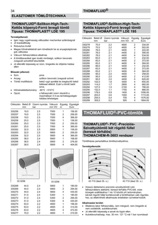 34
ELASZTOMER TÖMLŐTECHNIKA
thomafluid®
THOMAFLUID®-Szilikon-High-Tech-
Kettős köpenyű-Forró levegő tömlő
Típusa: THOMAPLAST® LDE 195
Termékjellemző:
•	 Igen nagy rugalmasság változatlan mechanikai szilárdságnál
•	 Jó kopásállóság
•	 Robusztus kivitel
•	 Magas hőmérsékletnél sem következik be az anyagtulajdonsá-
gok változása
•	 Vákuum felhasználásra alkalmas
•	 A tömlőkeveréket igen kiváló minőségű, szilikon bevonatú
üvegszál szövetből készítették
•	 Jó ellenálló képesség az ózon, öregedés és időjárás hatása
ellen
Műszaki jellemző:
•	 Szín:	 piros
•	 Anyag:	 szilikon bevonatú üvegszál szövet
•	 Tömlő modifikáció:	 belső rugó spirállal és kiegészítő belső
		 béléssel ellátott. Ezért a tömlő belül
		 sima.
•	 Hőmérséklettartomány:	 -85°C +310°C
•	 Opció:	 a felhasználó üzem részéről a
		 maximálisan 4 m-es termékegységek
		 toldása lehetséges
Cikkszám	 Belső Ø	 Üzemi nyomás	 Vákuum	 Egység	 Egységár
	 mm	 bar	 mm VO	 m	 Euro
330256	 19,0	 2,5	 7000	 1	 156,00
330257	 19,0	 2,5	 7000	 2	 256,00
330258	 19,0	 2,5	 7000	 4	 366,00
330259	 25,0	 2,5	 7000	 1	 158,00
330260	 25,0	 2,5	 7000	 2	 256,00
330261	 25,0	 2,5	 7000	 4	 366,00
330262	 32,0	 2,5	 5800	 1	 158,00
330263	 32,0	 2,5	 5800	 2	 256,00
330264	 32,0	 2,5	 5800	 4	 366,00
330265	 38,0	 2,4	 5800	 1	 168,00
330266	 38,0	 2,4	 5800	 2	 276,00
330267	 38,0	 2,4	 5800	 4	 404,00
330268	 44,0	 2,4	 5800	 1	 180,00
330269	 44,0	 2,4	 5800	 2	 294,00
330270	 44,0	 2,4	 5800	 4	 430,00
330271	 51,0	 2,4	 5300	 1	 180,00
330272	 51,0	 2,4	 5300	 2	 294,00
330273	 51,0	 2,4	 5300	 4	 430,00
330274	 63,0	 2,2	 4600	 1	 196,00
330275	 63,0	 2,2	 4600	 2	 314,00
330276	 63,0	 2,2	 4600	 4	 472,00
330277	 70,0	 2,2	 4600	 1	 210,00
THOMAFLUID®-Szilikon-High-Tech-
Kettős köpenyű-Forró levegő tömlő
Típusa: THOMAPLAST® LDE 195
Cikkszám	 Belső Ø	 Üzemi nyomás	 Vákuum	 Egység	 Egységár
	 mm	 bar	 mm VO	 m	 Euro
330278	 70,0	 2,2	 4600	 2	 334,00
330279	 70,0	 2,2	 4600	 4	 502,00
330280	 76,0	 2,1	 4400	 1	 222,00
330281	 76,0	 2,1	 4400	 2	 356,00
330282	 76,0	 2,1	 4400	 4	 534,00
330283	 83,0	 2,1	 4400	 1	 232,00
330284	 83,0	 2,1	 4400	 2	 372,00
330285	 83,0	 2,1	 4400	 4	 564,00
330286	 89,0	 2,1	 4400	 1	 232,00
330287	 83,0	 2,1	 4400	 2	 372,00
330288	 83,0	 2,1	 4400	 4	 564,00
330289	 95,0	 2,0	 4400	 1	 258,00
330290	 95,0	 2,0	 4400	 2	 412,00
330291	 95,0	 2,0	 4400	 4	 620,00
330292	 102,0	 1,8	 3500	 4	 650,00
330293	 114,0	 1,7	 2800	 4	 682,00
330294	 127,0	 1,5	 2100	 4	 766,00
330295	 152,0	 1,1	 1700	 4	 866,00
330296	 178,0	 0,8	 1400	 4	 1056,00
330297	 203,0	 0,6	 1000	 4	 1172,00
330298	 254,0	 0,4	 700	 4	 1576,00
330299	 305,0	 0,2	 500	 4	 1804,00
THOMAFLUID®-PVC-tömlők
THOMAFLUID®- PVC -Precíziós-
Szivattyútömlő két rögzítő füllel
(kereszt térhálós)
THOMACHEM-R-3603 rendszer
Tömlőházas perisztaltikus tömlőszivattyúkhoz.
Termékjellemzők:
•	 Hosszú élettartamú precíziós szivattyútömlő rutin
felhasználásra alaktartó, kereszt térhálós PVC-ből, vizes
közegek szállításához 1 és 10 közötti pH tartományban;
két-két rögzítő füllel konfekcionált a tömlőházban való rögzítés-
hez; az áttekinthető alkalmazás érdekében színekkel kódolt.
Alkalmazási terület:
•	 Általános labor felhasználás, nem mérgező, nem öregedik el,
nem oxidálódik, autoklávozható.
•	 Jó ellenálló képesség a savak és lúgok ellen.
•	 Autoklávozhatóság: max. 30 min. 121 °C-nál 1 bar nyomással
33 0256 33 0256 43 710 (lásd 35. o.) 43 710 (lásd 35. o.)
 