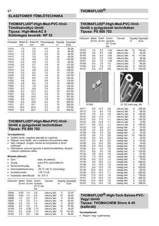 47
ELASZTOMER TÖMLŐTECHNIKA
thomafluid®
THOMAFLUID®-High-Med-PVC-Vinil-
Tömlőszivattyú tömlő
Típusa: High-Med-AC 8
Különleges keverék: RP 53
Cikkszám	 Belső Ø	 Külső Ø	 Falvastagság	 Egység	 Egységár
	 mm	 mm	 mm	 m	 Euro
11510	 1,0	 2,0	 0,5	 15	 82,00
11511	 1,0	 3,0	 1,0	 15	 84,00
11512	 1,5	 2,5	 0,5	 15	 82,00
11513	 1,5	 3,5	 1,0	 15	 84,00
11514	 1,6	 4,8	 1,6	 15	 129,00
11515	 2,0	 4,0	 1,0	 15	 84,00
11516	 2,5	 5,7	 1,6	 15	 137,00
11517	 3,0	 5,0	 1,0	 15	 106,00
11518	 3,2	 4,8	 0,8	 15	 106,00
11519	 3,2	 5,2	 1,2	 15	 137,00
11520	 3,2	 6,4	 1,6	 15	 167,00
11521	 4,0	 6,0	 1,0	 15	 142,00
11522	 4,8	 6,4	 0,8	 15	 118,00
11523	 4,8	 8,0	 1,6	 15	 180,00
11524	 6,3	 7,9	 0,8	 15	 148,00
11525	 6,3	 9,5	 1,6	 15	 198,00
11526	 6,3	 12,7	 3,2	 15	 221,00
11527	 8,0	 11,2	 1,6	 15	 228,00
11528	 8,0	 14,4	 3,2	 15	 251,00
11529	 9,5	 12,7	 1,6	 15	 238,00
11530	 9,5	 15,9	 3,2	 15	 266,00
11531	 12,7	 19,1	 3,2	 15	 302,00
11532	 16,0	 22,4	 3,2	 15	 374,00
11533	 19,0	 25,4	 3,2	 15	 440,00
THOMAFLUID®-High-Med-PVC-Vinil-
tömlő a gyógyászati technikában
Típusa: PX 800 702
Termékjellemző:
•	 Szállító tömlő, megtörés ellenálló és rugalmas
•	 Teljesen sima felület, véd a baktérium koncentráció ellen
•	 Nem mérgező, pirogén mentes és kompatibilis a vérrel
(vérbarát)
•	 Hőérzékeny, azonnal igazodik a testhőmérséklethez, kereszt-
metszet csökkenés nélkül
Műszaki jellemző:
•	 Szín:	 tejes, de áttetsző
•	 Anyag:	 puha PVC (polivinilklorid)
•	 Shore keménység:	 80
•	 Hőmérséklettartomány:	 -20 °C +80 °C (rövid ideig)
•	 Autoklávozható:	 136 °C-nál
•	 Szakadási alakváltozás:	 kb. 310 %
Cikkszám	 Belső	 Külső	 Üzemi	 Típusok	 Egység	 Egységár
	 Ø mm	 Ø mm	 nyomás		 m	 Euro
			 20 °C-nál
			 bar
10094	 0,63	 1,4	 2,9	 vékony falú	 5	 23,00
10095	 0,63	 1,4	 2,9	 vékony falú	 15	 59,00
10096	 1,0	 2,0	 2,7	 vékony falú	 5	 25,00
10097	 1,0	 2,0	 2,7	 vékony falú	 15	 65,00
10098	 2,0	 3,0	 1,5	 vékony falú	 5	 26,00
10099	 2,0	 3,0	 1,5	 vékony falú	 15	 67,00
10100	 3,0	 4,25	 1,17	 vékony falú	 5	 39,00
10101	 3,0	 4,25	 1,17	 vékony falú	 15	 101,00
10102	 3,5	 5,0	 1,40	 vékony falú	 5	 40,00
THOMAFLUID®-High-Med-PVC-Vinil-
tömlő a gyógyászati technikában
Típusa: PX 800 702
Cikkszám	 Belső	 Külső	 Üzemi	 Típusok	 Egység	 Egységár
	 Ø mm	 Ø mm	 nyomás		 m	 Euro
			 20 °C-nál
			 bar
10103	 3,5	 5,0	 1,40	 vékony falú	 15	 105,00
10104	 4,0	 6,0	 1,65	 vékony falú	 5	 45,00
10105	 4,0	 6,0	 1,65	 vékony falú	 15	 117,00
10106	 5,0	 7,0	 1,24	 vékony falú	 3	 38,00
10107	 5,0	 7,0	 1,24	 vékony falú	 9	 100,00
10108	 6,0	 7,6	 1,0	 vékony falú	 3	 40,00
10109	 6,0	 7,6	 1,0	 vékony falú	 9	 104,00
10110	 6,5	 12,7	 2,6	 vékony falú	 3	 104,00
10111	 6,5	 12,7	 2,6	 vékony falú	 9	 266,00
10112	 7,0	 9,5	 1,0	 vékony falú	 3	 56,00
10113	 7,0	 9,5	 1,0	 vékony falú	 9	 145,00
10114	 8,0	 11,0	 1,1	 vékony falú	 3	 56,00
10115	 8,0	 11,0	 1,1	 vékony falú	 9	 145,00
10116	 9,0	 12,2	 1,1	 vékony falú	 3	 73,00
10117	 9,0	 12,2	 1,1	 vékony falú	 9	 190,00
10122	 3,0	 5,0	 2,7	 vastag falú	 5	 37,00
10123	 3,0	 5,0	 2,7	 vastag falú	 15	 96,00
10124	 4,0	 7,0	 2,8	 vastag falú	 5	 75,00
10125	 4,0	 7,0	 2,8	 vastag falú	 15	 196,00
10126	 5,0	 8,0	 2,0	 vastag falú	 3	 45,00
10127	 5,0	 8,0	 2,0	 vastag falú	 9	 118,00
10128	 5,0	 10,0	 2,8	 vastag falú	 3	 74,00
10129	 5,0	 10,0	 2,8	 vastag falú	 9	 195,00
10130	 6,0	 9,0	 1,6	 vastag falú	 3	 51,00
10131	 6,0	 9,0	 1,6	 vastag falú	 9	 132,00
10132	 7,0	 10,5	 1,6	 vastag falú	 3	 61,00
10133	 7,0	 10,5	 1,6	 vastag falú	 9	 158,00
10134	 8,0	 12,0	 1,3	 vastag falú	 3	 79,00
10135	 8,0	 12,0	 1,3	 vastag falú	 9	 206,00
10136	 9,0	 13,5	 1,6	 vastag falú	 3	 90,00
10137	 9,0	 13,5	 1,6	 vastag falú	 9	 236,00
10138	 10,0	 15,0	 1,1	 vastag falú	 3	 92,00
10139	 10,0	 15,0	 1,1	 vastag falú	 9	 240,00
10140	 11,0	 15,5	 1,4	 vastag falú	 3	 109,00
10141	 11,0	 15,5	 1,4	 vastag falú	 9	 269,00
10142	 12,5	 19,0	 1,6	 vastag falú	 3	 123,00
10143	 12,5	 19,0	 1,6	 vastag falú	 9	 308,00
THOMAFLUID®-High-Tech-Színes-PVC-
Vegyi tömlő
Típusa: THOMACHEM Shore A 45
(kalibrált)
Termékjellemző:
•	 Nagyon nagy rugalmasság
10 094 10 122 (vedi pag. 48)
 
