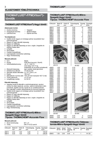 THOMAFLUID®-FPM(Viton®)-
tömlők
THOMAFLUID®-FPM(Viton®)-Vegyi tömlő
Alkalmazási terület:
•	 Analízis technika 	 •	 Vegyipar
•	 Gyógyászati technika 	 •	 Biotechnológia
•	 Labortechnika 	 •	 Eljárás technika
Termékjellemző:
•	 Szállító tömlő nagyon jó minőségű polimer keverékből, fluor
szénhidrogénből
•	 Nagyon jó vegyi ellenálló képesség
•	 Nagyon jó hőállóság
•	 Nagyon jó ellenálló képesség az ózon, oxigén, öregedés és
időjárás hatása ellen
•	 Lángálló
•	 Sima felület
•	 Csekély kopásállóság
•	 Legmagasabb mechanikai szilárdság
•	 Nagy mérettartósság
Műszaki jellemző:
•	 Szín:	 fekete
•	 Anyag:	 FPM (fluor-kaucsuk, Viton®)
•	 Hőmérséklettartomány:	 -25 °C +220 °C;
		 rövid ideig +315 °C-ig
		 (határérték 40 óra tartós terhelésnél)
•	 Áteresztő képesség:	 igen csekély, közel gáz-tömör
•	 Dielektromos állandó:	 15 (50 Hz-nél)
•	 Speciális átütési ellenállás:	2 x 1013 Ohm x cm
•	 Kopás:	 190 mm3
•	 Alakváltozás nyomás alatt:	 10% (24 órán keresztül 100 °C-nál)
•	 Tömlő tolerancia:	 ± 0,15 mm
•	 Lángállósági osztály:	 UL 94-V0
Ellenálló képesség:
•	 Vegyileg rendkívül ellenálló a szénhidrogéneknek, ásványi,
növényi és állati olajoknak, aromás, valamint klórtartalmú oldó-
szereknek, legtöbb savnak, lúgnak és az oxidálószereknek.
Nem ellenálló a poláris oldószereknek és bizonyos lúgoknak.
•	 Szállító tömlő nagyon jó minőségű polimer keverékből, fluor
szénhidrogénből
•	 Nagyon jó vegyi ellenálló képesség
•	 Nagyon jó hőállóság
•	 Nagyon jó ellenálló képesség az ózon, oxigén, öregedés és
időjárás hatása ellen
•	 Lángálló
•	 Sima felület
•	 Csekély kopásállóság
•	 Legmagasabb mechanikai szilárdság
•	 Nagy mérettartósság
THOMAFLUID®-FPM(Viton®)-Mikro-
Spagetti-Vegyi tömlő
Típusa: THOMACHEM®-Accurate Flow
Műszaki jellemző:
•	 Shore keménység:	 64° ± 3°
•	 Tűrés:	 DIN 7715 E2 szerint
Cikkszám	 Belső Ø	 Külső Ø	 Falvastagság	 Egység	 Egységár
	 mm	 mm	 mm	 m	 Euro
28813	 0,50	 1,00	 0,25	 3	 159,00
28814	 0,50	 1,00	 0,25	 5	 238,00
THOMAFLUID®-FPM(Viton®)-Mikro-
Spagetti-Vegyi tömlő
Típusa: THOMACHEM®-Accurate Flow
Cikkszám	 Belső Ø	 Külső Ø	 Falvastagság	 Egység	 Egységár
	 mm	 mm	 mm	 m	 Euro
28815	 0,50	 1,00	 0,25	 10	 366,00
28819	 0,80	 2,00	 0,60	 3	 116,00
28820	 0,80	 2,00	 0,60	 5	 174,00
28821	 0,80	 2,00	 0,60	 10	 264,00
28822	 1,00	 1,50	 0,25	 3	 121,00
28823	 1,00	 1,50	 0,25	 5	 162,00
28824	 1,00	 1,50	 0,25	 10	 238,00
28825	 1,00	 1,80	 0,40	 3	 126,00
28826	 1,00	 1,80	 0,40	 5	 192,00
28827	 1,00	 1,80	 0,40	 10	 289,00
40652	 1,50	 3,00	 0,75	 3	 133,00
40653	 1,50	 3,00	 0,75	 5	 200,00
40654	 1,50	 3,00	 0,75	 10	 305,00
28831	 1,60	 3,10	 0,75	 3	 133,00
28832	 1,60	 3,10	 0,75	 5	 200,00
28833	 1,60	 3,10	 0,75	 10	 305,00
40655	 1,80	 3,20	 0,70	 3	 113,00
40906	 1,80	 3,20	 0,70	 10	 261,00
40907	 2,00	 3,00	 0,50	 3	 215,00
40908	 2,00	 3,00	 0,50	 5	 323,00
40909	 2,00	 3,00	 0,50	 10	 443,00
28834	 2,20	 2,70	 0,25	 3	 185,00
28835	 2,20	 2,70	 0,25	 5	 277,00
28836	 2,20	 2,70	 0,25	 10	 394,00
40910	 2,20	 3,70	 0,75	 3	 144,00
40911	 2,20	 3,70	 0,75	 5	 215,00
40912	 2,20	 3,70	 0,75	 10	 330,00
28837	 2,50	 4,00	 0,75	 3	 144,00
28838	 2,50	 4,00	 0,75	 5	 215,00
28839	 2,50	 4,00	 0,75	 10	 330,00
THOMAFLUID®-FPM(Viton®)-Többcsa-
tornás-Mikro-Spagetti-Vegyi tömlő
Cikkszám	 Belső 	 Külső 	 Falva-	 Csatorna	 Egység	 Egységár
	 Ø mm	 Ø mm	 stagság	 db	 m	 Euro
			 mm
28843	 1,50	 2,50	 0,50	 4	 1	 141,00
3
ELASZTOMER TÖMLŐTECHNIKA
Thomafluid®
28 813 40 652
28 843 28 846
 