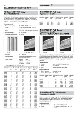 67
ELASZTOMER TÖMLŐTECHNIKA
thomafluid®
THOMAFLUID®-PVC-Vegyi-
Nyomásálló tömlő
Hajlékony és ellenálló anyag, öregedés ellenálló, kopásálló, robusz-
tus és nyomás biztos, belül és kívül sima, kevésbé lobbanékony,
átfolyásnál forró víz-, és olajállóság (mint pl. fűtőolaj), sterilizálható,
fényre ill. levegő oxigénjére nincs anyagváltozás.
Műszaki jellemző:
•	 Shore keménység:	 75 ± 3 DIN 53505 szerint
•	 Tűrés:	 E2 DIN ISO 3302-1 (DIN 7715 E2)
		 szerint
•	 Szín:	 üveg-tiszta, átlátszó szőtt szövetbetét
•	 Húzó szilárdság:	 kb. 190 kp/cm2
•	 Szakadási alakváltozás:	 kb. 390 %
•	 Sűrűség:	 kb. 1,25 g/cm3
•	 Nyomásállóság:	 megnövelt nyomásállóságú tömlő,
		 műszaki alkalmazásra
•	 Tűrés értékek:	 Belső Ø 	 tűrés
		 3- 6 mm 	 ± 0,4 mm
		 6-10 mm 	 ± 0,5 mm
		 10-19 mm	 ± 0,8 mm
•	 Biztonsági faktor: 60 °C-nál kb. 46 %
Cikkszám	 Belső Ø	 Külső Ø	 Üzemi nyomás	 Egység	 Egységár
	 mm	 mm	 +20 °C-nál	 m	 Euro
			 bar
26965	 4,0	 10,0	 24,0	 5	 34,00
26966	 4,0	 10,0	 24,0	 15	 80,00
26967	 5,0	 11,0	 23,0	 5	 37,00
26968	 5,0	 11,0	 23,0	 15	 87,00
26969	 6,0	 12,0	 23,0	 5	 37,00
26970	 6,0	 12,0	 23,0	 15	 88,00
26971	 8,0	 14,0	 22,0	 5	 44,00
26972	 8,0	 14,0	 22,0	 15	 106,00
26973	 9,0	 15,0	 19,0	 5	 46,00
26974	 8,0	 14,0	 22,0	 15	 111,00
26975	 10,0	 16,0	 17,0	 5	 48,00
26976	 10,0	 16,0	 17,0	 15	 116,00
26977	 12,0	 21,0	 15,0	 5	 80,00
26978	 12,0	 21,0	 15,0	 15	 191,00
26979	 12,5	 18,5	 14,0	 5	 51,00
26980	 12,5	 18,5	 14,0	 15	 120,00
26981	 13,0	 20,0	 13,0	 5	 63,00
26982	 13,0	 20,0	 13,0	 15	 150,00
26983	 13,0	 22,0	 13,0	 5	 83,00
26984	 13,0	 22,0	 13,0	 15	 199,00
26985	 16,0	 22,0	 13,0	 5	 90,00
26986	 16,0	 22,0	 13,0	 15	 204,00
26987	 16,0	 24,0	 14,0	 5	 98,00
26988	 16,0	 24,0	 14,0	 15	 208,00
26989	 16,0	 26,0	 14,0	 5	 135,00
26990	 16,0	 26,0	 14,0	 15	 282,00
26991	 19,0	 27,0	 12,0	 5	 108,00
THOMAFLUID®-PVC-Vegyi-
Nyomásálló tömlő
Cikkszám	 Belső Ø	 Külső Ø	 Üzemi nyomás	 Egység	 Egységár
	 mm	 mm	 +20 °C-nál	 m	 Euro
			 bar
26992	 19,0	 27,0	 12,0	 15	 230,00
26993	 19,0	 29,0	 12,0	 5	 144,00
26994	 19,0	 29,0	 12,0	 15	 308,00
THOMAFLUID®-PVC-Színes-
Nyomásálló tömlő
Típusa: THOMAPLAST®-CHAP 5141
Könnyű, színesen átlátszó univerzális tömlő. Hajlékony és ellenálló
anyag, öregedés ellenálló, kopásálló, robusztus és nyomás biztos,
kevésbé lobbanékony, átfolyásnál forró víz-, és olajállóság (mint pl.
fűtőolaj), sterilizálható, fényre ill. levegő oxigénjére nincs anyag-
változás.
Termékjellemző:
•	 Anyag:	 belső és külső PVC (puha), sima
•	 Betét:	 Rayon fonat
•	 Szín:	 átlátszó kék, zöld vagy sárga
Műszaki jellemző:
•	 Üzemi nyomás:	 20 bar 20 °C-nál
•	 Üzemi hőmérséklet:	 -15 +60 °C
Cikkszám	 Belső átmérő	 Külső átmérő	 Szín	 Egység	 Egységár
	 mm	 mm		 Külső 	 Euro
				 átmérő
339638	 4	 10	 kék	 5	 46,00
339639	 4	 10	 kék	 15	 125,00
339640	 4	 10	 zöld	 5	 46,00
339641	 4	 10	 zöld	 15	 125,00
339642	 4	 10	 sárga	 5	 46,00
339643	 4	 10	 sárga	 15	 125,00
THOMAPLAST®-PVC-Élelmiszer-
Nyomásálló tömlő
Hajlékony és ellenálló anyag, öregedés ellenálló, kopásálló, robusz-
tus és nyomás biztos, belül és kívül sima, kevésbé lobbanékony,
sterilizálható, fényre ill. levegő oxigénjére nincs anyagváltozás.
Fiziológiailag ártalmatlan.
Műszaki jellemző:
•	 Shore keménység:	 75 ± 3 DIN 53505 szerint
•	 Tűrés:	 E2 DIN ISO 3302-1 (DIN 7715 E2)
		 szerint
26 965 27 329 (lásd 68. o.) 33 9638 33 9638
 