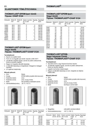 83
ELASZTOMER TÖMLŐTECHNIKA
thomafluid®
THOMAFLUID®-EPDM-Ipari tömlő
Típusa: CHAP 5124
Cikkszám	 Belső Ø	 Külső Ø	 Üzemi nyomás	 Egység	 Egységár
	 mm	 mm	 20 °C-nál	 m	 Euro
			 bar
14083	 40.0	 50.0	 5	 5	 225.00
14084	 40.0	 50.0	 5	 10	 376.00
14085	 42.0	 52.0	 5	 5	 248.00
14086	 42.0	 52.0	 5	 10	 412.00
49450	 45.0	 55.0	 5	 5	 264.00
49451	 45.0	 55.0	 5	 10	 438.00
14087	 48.0	 58.0	 5	 5	 274.00
14088	 48.0	 58.0	 5	 10	 456.00
49452	 50.0	 60.0	 4	 5	 279.00
49453	 50.0	 60.0	 4	 10	 463.00
THOMAFLUID®-EPDM-Ipari-
Vegyi tömlő
Típusa: THOMAPLAST®-CHAP 5124
Termékjellemző:
•	 Nyomó- és szállító tömlő
•	 Forró víz- és fagyálló ipari tömlő; hasonló a DIN 73411
•	 Jól ellenáll a legtöbb lúgnak, savnak és poláris oldószernek,
kivéve az ásványi olajokat
•	 Nagyon jó öregedés ellenálló képesség
•	 Jó ellenálló képesség az öregedéssel, hideggel és meleggel
szemben
•	 Jó rugalmas tulajdonság
Műszaki jellemző:
•	 Szín:	 fekete
•	 Anyag:	 EPDM (etilén-propilén-dién-kaucsuk)
•	 Kialakítás (belül):	 sima
•	 Kialakítás (kívül):	 sima, anyag mintás
•	 Betét:	 két szintetikus stabilizáló szövet
•	 Hőmérséklettartomány:	 -30 °C +110 °C
Cikkszám	 Belső Ø	 Külső Ø	 Üzemi nyomás	 Egység	 Egységár
	 mm	 mm	 20 °C-nál	 m	 Euro
			 bar
12461	 55	 65	 4	 3	 162.00
12462	 55	 65	 4	 6	 261.00
12463	 60	 70	 3	 3	 172.00
12464	 60	 70	 3	 6	 282.00
12465	 65	 75	 3	 3	 185.00
12466	 65	 75	 3	 6	 300.00
THOMAFLUID®-EPDM-Ipari-
Vegyi tömlő
Típusa: THOMAPLAST®-CHAP 5124
Cikkszám	 Belső Ø	 Külső Ø	 Üzemi nyomás	 Egység	 Egységár
	 mm	 mm	 20 °C-nál	 m	 Euro
			 bar
12467	 70	 80	 3	 1	 75.00
12468	 70	 80	 3	 3	 174.00
12469	 75	 85	 3	 1	 80.00
12470	 75	 85	 3	 3	 187.00
12471	 80	 92	 3	 1	 92.00
12472	 80	 92	 3	 3	 225.00
12473	 90	 102	 3	 1	 100.00
12474	 90	 102	 3	 3	 233.00
12475	 100	 112	 3	 1	 110.00
12476	 100	 112	 3	 3	 269.00
12477	 110	 122	 3	 1	 126.00
12478	 110	 122	 3	 3	 305.00
12479	 120	 132	 3	 1	 139.00
12480	 120	 132	 3	 3	 341.00
THOMAFLUID®-EPDM-
Vegyi folyamat-Tömlő
Típusa: THOMAPLAST®-CHAP 5121
Termékjellemző:
•	 Speciális tömlő a vegyi folyamat technika részére
•	 Jól ellenáll a legtöbb lúgnak, savnak és poláris oldószernek,
kivéve az ásványi olajokat
•	 Legjobb mechanikai tulajdonságok
•	 Nagyon jó ellenálló képesség az ózon, öregedés és időjárás
hatása ellen
Műszaki jellemző:
•	 Szín:	 fekete
•	 Anyag:	 EPDM (etilén-propilén-dién-kaucsuk)
•	 Kialakítás (belül):	 sima
•	 Kialakítás (kívül):	 sima és anyag mintás
•	 Betét:	 két Rayon szövet betét
•	 Megjelölés:	 zöld jelölő csíkokkal ellátott
•	 Hőmérséklettartomány:	 -30 °C +100 °C
Cikkszám	 Belső	 Külső	 Üzemi nyomás	Hajlási	 Egység	 Egységár
	 Ø mm	 Ø mm	 +20 °C-nál	 sugár	 m	 Euro
			 bar	 mm
12527 	 10	 17	 20 	 80	 5	 131.00
12528 	 10	 17	 20 	 80	 10	 223.00
12529 	 13	 21	 20 	 100	 5	 141.00
12 461 12 461 12 527 12 527
 
