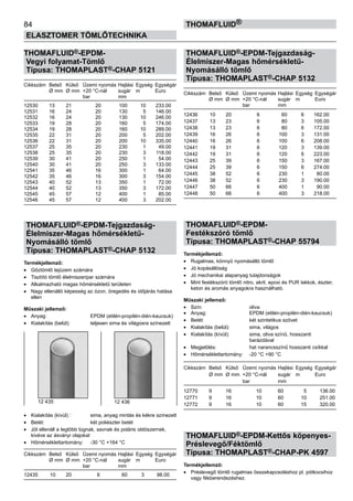 84
ELASZTOMER TÖMLŐTECHNIKA
thomafluid®
THOMAFLUID®-EPDM-
Vegyi folyamat-Tömlő
Típusa: THOMAPLAST®-CHAP 5121
Cikkszám	 Belső	 Külső	 Üzemi nyomás	Hajlási	 Egység	 Egységár
	 Ø mm	 Ø mm	 +20 °C-nál	 sugár	 m	 Euro
			 bar	 mm
12530 	 13	 21	 20 	 100	 10	 233.00
12531 	 16	 24	 20 	 130	 5	 146.00
12532 	 16	 24	 20 	 130	 10	 246.00
12533 	 19	 28	 20 	 160	 5	 174.00
12534 	 19	 28	 20 	 160	 10	 289.00
12535 	 22	 31	 20 	 200	 5	 202.00
12536 	 22	 31	 20 	 200	 10	 335.00
12537 	 25	 35	 20 	 230	 1	 49.00
12538 	 25	 35	 20 	 230	 3	 118.00
12539 	 30	 41	 20 	 250	 1	 54.00
12540 	 30	 41	 20 	 250	 3	 133.00
12541 	 35	 46	 16 	 300	 1	 64.00
12542 	 35	 46	 16 	 300	 3	 154.00
12543 	 40	 52	 13 	 350	 1	 72.00
12544 	 40	 52	 13 	 350	 3	 172.00
12545 	 45	 57	 12 	 400	 1	 85.00
12546 	 45	 57	 12 	 400	 3	 202.00
THOMAFLUID®-EPDM-Tejgazdaság-
Élelmiszer-Magas hőmérsékletű-
Nyomásálló tömlő
Típusa: THOMAPLAST®-CHAP 5132
Termékjellemző:
•	 Gőztömlő tejüzem számára
•	 Tisztító tömlő élelmiszeripar számára
•	 Alkalmazható magas hőmérsékletű területen
•	 Nagy ellenálló képesség az ózon, öregedés és időjárás hatása
ellen
Műszaki jellemző:
•	 Anyag:	 EPDM (etilén-propilén-dién-kaucsuk)
•	 Kialakítás (belül):	 teljesen sima és világosra színezett
•	 Kialakítás (kívül) :	 sima, anyag mintás és kékre színezett
•	 Betét:	 két poliészter betét
•	 Jól ellenáll a legtöbb lúgnak, savnak és poláris oldószernek,
kivéve az ásványi olajokat
•	 Hőmérséklettartomány:	 -30 °C +164 °C
Cikkszám	 Belső	 Külső	 Üzemi nyomás	Hajlási	 Egység	 Egységár
	 Ø mm	 Ø mm	 +20 °C-nál	 sugár	 m	 Euro
			 bar	 mm
12435 	 10	 20	 6 	 60	 3	 98.00
THOMAFLUID®-EPDM-Tejgazdaság-
Élelmiszer-Magas hőmérsékletű-
Nyomásálló tömlő
Típusa: THOMAPLAST®-CHAP 5132
Cikkszám	 Belső	 Külső	 Üzemi nyomás	Hajlási	 Egység	 Egységár
	 Ø mm	 Ø mm	 +20 °C-nál	 sugár	 m	 Euro
			 bar	 mm
12436 	 10	 20	 6 	 60	 6	 162.00
12437 	 13	 23	 6 	 80	 3	 105.00
12438 	 13	 23	 6 	 80	 6	 172.00
12439 	 16	 26	 6 	 100	 3	 131.00
12440 	 16	 26	 6 	 100	 6	 208.00
12441 	 19	 31	 6 	 120	 3	 139.00
12442 	 19	 31	 6 	 120	 6	 223.00
12443 	 25	 39	 6 	 150	 3	 167.00
12444 	 25	 39	 6 	 150	 6	 274.00
12445 	 38	 52	 6 	 230	 1	 80.00
12446 	 38	 52	 6 	 230	 3	 190.00
12447 	 50	 66	 6 	 400	 1	 90.00
12448 	 50	 66	 6 	 400	 3	 218.00
THOMAFLUID®-EPDM-
Festékszóró tömlő
Típusa: THOMAPLAST®-CHAP 55794
Termékjellemző:
•	 Rugalmas, könnyű nyomásálló tömlő
•	 Jó kopásállóság
•	 Jó mechanikai alapanyag tulajdonságok
•	 Mint festékszóró tömlő nitro, akril, epoxi és PUR lakkok, észter,
keton és aromás anyagokra használható.
Műszaki jellemző:
•	 Szín:	 oliva
•	 Anyag:	 EPDM (etilén-propilén-dién-kaucsuk)
•	 Betét:	 két szintetikus szövet
•	 Kialakítás (belül):	 sima, világos
•	 Kialakítás (kívül):	 sima, oliva színű, hosszanti
		 barázdával
•	 Megjelölés:	 hat narancsszínű hosszanti csíkkal
•	 Hőmérséklettartomány:	 -20 °C +90 °C
Cikkszám	 Belső	 Külső	 Üzemi nyomás	Hajlási	 Egység	 Egységár
	 Ø mm	 Ø mm	 +20 °C-nál	 sugár	 m	 Euro
			 bar	 mm
12770 	 9	 16	 10	 60	 5	 136.00
12771 	 9	 16	 10	 60	 10	 251.00
12772 	 9	 16	 10	 60	 15	 320.00
THOMAFLUID®-EPDM-Kettős köpenyes-
Préslevegő/Féktömlő
Típusa: THOMAPLAST®-CHAP-PK 4597
Termékjellemző:
•	 Préslevegő tömlő rugalmas összekapcsoláshoz pl. pótkocsihoz
vagy fékberendezéshez.
12 435 12 436
 