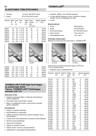 89
ELASZTOMER TÖMLŐTECHNIKA
thomafluid®
•	 Sűrűség:	 1,22 g/cm3 DIN 53479 szerint
•	 Kopás:	 50 mm3 DIN 53516 szerint
Cikkszám	 Belső	 Külső	 Tűrés	 Hajlási	 Üzemi	 Egység	 Egységár
	 Ø	 Ø	 mm	 sugár	 nyomás	 m	 Euro
	 mm	 mm		 mm	 (bar)
					 23 °C-nál
330071	 2,0	 4,0	 +/- 0,10	 20	 23	 5	 114,00
330072	 2,0	 4,0	 +/- 0,10	 20	 23	 15	 286,00
330073	 4,0	 6,0	 +/- 0,10	 30	 14	 5	 116,00
330074	 4,0	 6,0	 +/- 0,10	 30	 14	 15	 292,00
330075	 6,0	 8,0	 +/- 0,10	 35	 10	 5	 120,00
330076	 6,0	 8,0	 +/- 0,10	 35	 10	 15	 298,00
330077	 8,0	 10,0	 +/- 0,10	 50	 7 	 5	 122,00
330078	 8,0	 10,0	 +/- 0,10	 50	 7 	 15	 303,00
330079	 8,0	 12,0	 +/- 0,15	 40	 14 	 5	 136,00
330080	 8,0	 12,0	 +/- 0,15	 40	 14 	 15	 344,00
330081	 10,0	 14,0	 +/- 0,15	 45	 6 	 5	 144,00
330082	 10,0	 14,0	 +/- 0,15	 45	 6 	 15	 360,00
330083	 10,0	 16,0	 +/- 0,15	 40	 8,5 	 5	 168,00
330084	 10,0	 16,0	 +/- 0,15	 40	 8,5 	 15	 418,00
THOMAFLUID®-PUR-High-Tech-Vegyi-
és préslevegő tömlő
Típusa: THOMAPLAST®-Különleges
keverék LCK 113
Alkalmazási terület:
•	 Rugalmas préslevegő ellátás a préslevegő eszközöknél és
szerelő szalagoknál
•	 Pneumatika, teljes automatizálás, autóipar
•	 Mérés- és szabályozás technika, vegyi technika, készülék-
gyártás, gépgyártás
Termékjellemző:
•	 Nagyon jó megtörési szilárdság
•	 Nagy flexibilitás és rugalmasság
•	 Legjobb mechanikai szilárdság és szakító szilárdság, hosszú
távú próbánál is
•	 A tömlő extrém deformálódásnál is visszaáll az eredeti állapotba
•	 Rendkívül nagy kopásállóság
•	 Nagy nyomás szilárdság
•	 Lágyító- és nehézfém-mentes
•	 Teljesen szilikon mentes és újrahasznosítható
•	 Helytakarékos a nagy tágulási távolság ellenére
•	 Öregedés, időjárás-, ózon ellenálló képesség
•	 Jó vegyi ellenálló képesség a benzin, ciklohexán, dízelolaj,
isooktán, kerozin és fagyásgátló szer ellen
•	 UV álló
Műszaki jellemző:
•	 Színek:	 kék/sárga/piros
•	 Anyag:	 PUR (poliuretán)
•	 Shore keménység A:	 95° DIN 53505 szerint
•	 Üzemi nyomás:	 10 bar 20°C-nál
•	 Hőmérséklettartomány:	 –20°C +85°C
Különleges tulajdonságok:
Méretben és keménységi fok szerint külön a „THOMAFLUID®
tömlő szorító pneumatika csavarzatok (típusa: RCT®-LCK
112/113”) részére készült.
•	 Rugalmas vegyi és préslevegő tömlő
Cikkszám	 Belső Ø	 Külső Ø	 Hajlási	 Szín-	 Egység	 Egységár
	 mm	 mm	 sugár	 kód	 m	 Euro
			 mm
331016	 4,0	 6,0	 16	 kék	 5	 40,00
331017	 4,0	 6,0	 16	 kék	 15	 110,00
331018	 4,0	 6,0	 16	 sárga	 5	 40,00
331019	 4,0	 6,0	 16	 sárga	 15	 110,00
331020	 4,0	 6,0	 16	 piros	 5	 40,00
331021	 4,0	 6,0	 16	 piros	 15	 110,00
331022	 5,0	 8,0	 24	 kék	 5	 70,00
331023	 5,0	 8,0	 24	 kék	 15	 205,00
331024	 5,0	 8,0	 24	 sárga	 5	 70,00
331025	 5,0	 8,0	 24	 sárga	 15	 205,00
331026	 5,0	 8,0	 24	 piros	 5	 70,00
331027	 5,0	 8,0	 24	 piros	 15	 205,00
331028	 6,5	 10,0	 30	 kék	 5	 95,00
331029	 6,5	 10,0	 30	 kék	 15	 265,00
331030	 6,5	 10,0	 30	 sárga	 5	 95,00
331031	 6,5	 10,0	 30	 sárga	 15	 265,00
331032	 6,5	 10,0	 30	 piros	 5	 95,00
331033	 6,5	 10,0	 30	 piros	 15	 265,00
331034	 8,0	 12,0	 36	 kék	 5	 130,00
331035	 8,0	 12,0	 36	 kék	 15	 324,00
331036	 8,0	 12,0	 36	 sárga	 5	 130,00
331037	 8,0	 12,0	 36	 sárga	 15	 324,00
331038	 8,0	 12,0	 36	 piros	 5	 130,00
331039	 8,0	 12,0	 36	 piros	 15	 324,00
331040	 9,0	 13,0	 38	 kék	 5	 150,00
331041	 9,0	 13,0	 38	 kék	 15	 370,00
331042	 9,0	 13,0	 38	 sárga	 5	 150,00
331043	 9,0	 13,0	 38	 sárga	 15	 370,00
33 0071 33 0071 33 1016 33 1016
 