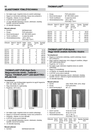 95
ELASZTOMER TÖMLŐTECHNIKA
thomafluid®
•	 Kis hajlási sugár, megtörés biztos és szakító szilárdságú
•	 Nagyon jó mechanikai szilárdság, hosszú távú próbánál is
•	 Öregedés-, időjárás- és ózon ellenálló
•	 A CETOP norma szerint kalibrált
•	 Jó vegyi ellenálló képesség a benzin, ciklohexán, dízelolaj,
isooktán, kerozinnal szemben
•	 UV ellenálló képesség
Műszaki jellemző:
•	 Színkód:	 kék/fekete/natúr
•	 Anyag:	 PUR (poliuretán)
•	 Shore keménység A:	 98° DIN 53505 szerint
•	 Tömlő modifikáció:	 3-csatornás tömlő
•	 Hőmérséklettartomány:	 –40°C +80°C,
		 rövid ideig +120°C
Cikkszám	 Belső Ø	 Külső Ø	 Hajlási	 Üzemi	 Egység	 Egységár
	 mm	 mm	 sugár	 nyomás	 m	 Euro
			 mm	 20 °C-nál
				 bar
302741 	 2,5	 4,0	 12 	 18	 5	 62,00
302742 	 2,5	 4,0	 12 	 18	 15	 154,00
302743 	 4,0	 6,0	 20 	 13	 5	 102,00
302744 	 4,0	 6,0	 20 	 13	 15	 248,00
302745 	 6,0	 8,0	 30 	 12	 5	 106,00
302746 	 6,0	 8,0	 30 	 12	 15	 262,00
302747 	 8,0	 10,0	 60 	 8 	 5	 124,00
302748 	 8,0	 10,0	 60 	 8 	 15	 298,00
THOMAFLUID®-PUR-High-Tech-
Négycsatornás tömlő – kalibrált –
Típusa: THOMAPLAST® LED-QUATTRO-
ATLAS II-30
Termékjellemző:
•	 Négy tömlő, egy tömlőegységbe egyesítve és együtt hegesztve.
Szín: kék, fekete, natúr, zöld
•	 Nagy elaszticitás és rugalmasság
•	 Rugalmas –40°C-nál is
•	 Kis hajlási sugár, megtörés biztos és szakító szilárdságú
•	 Nagyon jó mechanikai szilárdság, hosszú távú próbánál is
•	 Öregedés-, időjárás- és ózon ellenálló
•	 A CETOP norma szerint kalibrált
•	 Jó vegyi ellenálló képesség a benzin, ciklohexán, dízelolaj,
isooktán, kerozinnal szemben
•	 UV ellenálló képesség
Műszaki jellemző:
•	 Színkód:	 kék/fekete/natúr/zöld
•	 Anyag:	 PUR (poliuretán)
•	 Shore keménység A:	 98° DIN 53505 szerint
•	 Tömlő modifikáció:	 4-csatornás tömlő
•	 Hőmérséklettartomány:	 –40°C +80°C,
		 rövid ideig +120°C
Cikkszám	 Belső Ø	 Külső Ø	 Hajlási	 Üzemi	 Egység	 Egységár
	 mm	 mm	 sugár	 nyomás	 m	 Euro
			 mm	 20 °C-nál
				 bar
302749 	 2,5	 4,0	 12 	 18	 5	 88,00
302750 	 2,5	 4,0	 12 	 18	 15	 218,00
302751 	 4,0	 6,0	 20 	 13	 5	 128,00
302752 	 4,0	 6,0	 20 	 13	 15	 306,00
302753 	 6,0	 8,0	 30 	 12	 5	 134,00
302754 	 6,0	 8,0	 30 	 12	 15	 326,00
THOMAFLUID®-PUR-Spirál-
Vegyi tömlő analízis technika részére
Termékjellemző:
•	 Nagyon jó mechanikai szilárdság, szakító szilárdság, hosszú
távú próbánál is
•	 Nagy rugalmas tulajdonság, mint a lágygumi esetében, átlagon
felüli rugalmasság jellemzi
•	 Rugalmas -40 °C-nál is
•	 Kis hajlási sugár, különösen megtörés biztos és szakító
szilárdságú
•	 Nagyon jó kopásállóság
•	 Jó időjárás- és öregedés ellenálló képesség
•	 A CETOP norma szerint kalibrált
•	 Jó vegyi ellenálló képesség a benzin, ciklohexán, dízelolaj,
isooktán, kerozin, valamint a higított sóoldatokkal szemben
•	 UV ellenálló képesség
Műszaki jellemző:
•	 Színek:	 natúr, fekete, fehér, piros, sárga
•	 Anyag:	 PUR (poliuretán)
•	 Shore keménység A:	 98° ± 5
•	 Üzemi nyomás:	 10 bar 20 °C-nál
•	 Repesztő nyomás:	 30 bar 20 °C-nál
•	 Hőmérséklettartomány:	 -40 °C +80 °C,
		 rövid ideig +120 °C
Cikkszám	 Belső	 Belső	 Külső	 Külső	 Szín-	 Egység	 Egységár
	 Ø mm	 menet	 Ø mm	 menet	 kód		 Euro
		 Ø mm		 Ø mm		 m
28369	 1,6	 14,0	 3,2	 19,0	 natúr	 3	 51,00
28370	 1,6	 14,0	 3,2	 19,0	 fekete	 3	 51,00
28371	 1,6	 14,0	 3,2	 19,0	 fehér	 3	 51,00
30 2741 30 2749 28 369 28 369
 