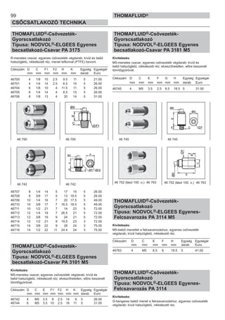 THOMAFLUID®-Csővezeték-
Gyorscsatlakozó
Típusa: NODVOL®-ELGEES Egyenes
becsatlakozó-Csavar PA 3175
R-menetes csavar, egyenes csővezeték végdarab; kívül és belül
hatszögletű, nikkelezett réz; menet teflonnal (PTFE) bevont.
Cikkszám D C F1 F2 H K Egység Egységár
mm mm mm mm mm mm darab Euro
46700 4 1/8 10 2.5 9.5 11 5 21.00
46701 4 1/4 14 2.5 6.5 15 5 26.00
46704 6 1/8 10 4 11.5 11 5 26.00
46705 6 1/4 14 4 8.5 15 5 26.00
46706 8 1/8 13 4 20 14 5 31.00
46707 8 1/4 14 5 17 15 5 26.00
46708 8 3/8 17 5 13 18.5 5 26.00
46709 10 1/4 16 7 20 17.5 5 49.00
46710 10 3/8 17 7 16.5 18.5 5 49.00
46711 10 1/2 21 7 14 23 5 72.00
46712 12 1/4 19 7 26.5 21 5 72.00
46713 12 3/8 19 9 24 21 5 72.00
46714 12 1/2 21 9 19.5 23 3 72.00
46715 14 3/8 22 9 28 24 3 75.00
46716 14 1/2 22 11 24.4 24 3 75.00
THOMAFLUID®-Csővezeték-
Gyorscsatlakozó
Típusa: NODVOL®-ELGEES Egyenes
becsatlakozó-Csavar PA 3101 M5
Kivitelezés:
M5-menetes csavar, egyenes csővezeték végdarab; kívül és
belül hatszögletű, nikkelezett réz; elveszíthetetlen, előre beszerelt
tömítőgyűrűvel.
Cikkszám D C E F1 F2 H K Egység Egységár
mm mm mm mm mm mm mm darab Euro
46742 4 M5 3.5 8 2.5 14 9 5 26.00
46744 6 M5 3.5 10 2.5 16 11 5 31.00
99
CSŐCSATLAKOZÓ TECHNIKA
THOMAFLUID®
THOMAFLUID®-Csővezeték-
Gyorscsatlakozó
Típusa: NODVOL®-ELGEES Egyenes
becsatlakozó-Csavar PA 3181 M5
Kivitelezés:
M5-menetes csavar, egyenes csővezeték végdarab; kívül és
belül hatszögletű, nikkelezett réz; elveszíthetetlen, előre beszerelt
tömítőgyűrűvel.
Cikkszám D C E F G H Egység Egységár
mm mm mm mm mm mm darab Euro
46745 4 M5 3.5 2.5 8.5 18.5 5 31.00
THOMAFLUID®-Csővezeték-
Gyorscsatlakozó
Típusa: NODVOL®-ELGEES Egyenes-
Felcsavarozás PA 3114 M5
Kivitelezés:
M5-belső menettel a felcsavarozáshoz, egyenes csővezeték
végdarab; kívül hatszögletű, nikkelezett réz.
Cikkszám D C E F H Egység Egységár
mm mm mm mm mm darab Euro
46763 4 M5 6.5 8 19.5 5 41.00
THOMAFLUID®-Csővezeték-
Gyorscsatlakozó
Típusa: NODVOL®-ELGEES Egyenes-
Felcsavarozás PA 3114
Kivitelezés:
G-hengeres belső menet a felcsavarozáshoz, egyenes csővezeték
végdarab; kívül hatszögletű, nikkelezett réz.
46 700 46 700
46 742 46 742
46 745 46 745
46 752 (lásd 100. o.) 46 763 46 752 (lásd 100. o.) 46 763
 