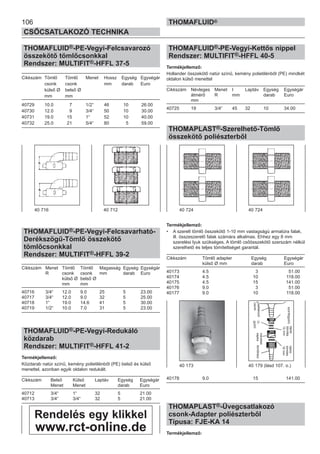 106
CSŐCSATLAKOZÓ TECHNIKA
THOMAFLUID®
THOMAFLUID®-PE-Vegyi-Felcsavarozó
összekötő tömlőcsonkkal
Rendszer: MULTIFIT®-HFFL 37-5
Cikkszám Tömlő Tömlő Menet Hossz Egység Egységár
csonk csonk mm darab Euro
külső Ø belső Ø
mm mm
40729 10.0 7 1/2“ 46 10 26.00
40730 12.0 9 3/4“ 50 10 30.00
40731 19.0 15 1“ 52 10 40.00
40732 25.0 21 5/4“ 80 5 59.00
THOMAFLUID®-PE-Vegyi-Felcsavarható-
Derékszögű-Tömlő összekötő
tömlőcsonkkal
Rendszer: MULTIFIT®-HFFL 39-2
Cikkszám Menet Tömlő Tömlő Magasság Egység Egységár
R csonk csonk mm darab Euro
külső Ø belső Ø
mm mm
40716 3/4“ 12.0 9.0 25 5 23.00
40717 3/4“ 12.0 9.0 32 5 25.00
40718 1“ 19.0 14.6 41 5 30.00
40719 1/2“ 10.0 7.0 31 5 23.00
THOMAFLUID®-PE-Vegyi-Redukáló
közdarab
Rendszer: MULTIFIT®-HFFL 41-2
Termékjellemző:
Közdarab natúr színű, kemény polietilénből (PE) belső és külső
menettel, azonban egyik oldalon redukált.
Cikkszám Belső Külső Laptáv Egység Egységár
Menet Menet darab Euro
40712 3/4“ 1“ 32 5 21.00
40713 3/4“ 3/4“ 32 5 21.00
THOMAFLUID®-PE-Vegyi-Kettős nippel
Rendszer: MULTIFIT®-HFFL 40-5
Termékjellemző:
Hollander összekötő natúr színű, kemény polietilénből (PE) mindkét
oldalon külső menettel
Cikkszám Névleges Menet I Laptáv Egység Egységár
átmérő R mm darab Euro
mm
40725 19 3/4“ 45 32 10 34.00
THOMAPLAST®-Szerelhető-Tömlő
összekötő poliészterből
Termékjellemző:
• A szerelt tömlő összekötő 1-10 mm vastagságú armatúra falak,
ill. összeszerelő falak számára alkalmas. Ehhez egy 8 mm
szerelési lyuk szükséges. A tömlő csőösszekötő szerszám nélkül
szerelhető és teljes tömítettséget garantál.
Cikkszám Tömlő adapter Egység Egységár
külső Ø mm darab Euro
40173 4.5 3 51.00
40174 4.5 10 118.00
40175 4.5 15 141.00
40176 9.0 3 51.00
40177 9.0 10 118.00
40178 9.0 15 141.00
THOMAPLAST®-Üvegcsatlakozó
csonk-Adapter poliészterből
Típusa: FJE-KA 14
Termékjellemző:
40 716 40 712
40 173 40 179 (lásd 107. o.)
40 724 40 724
csatlakozó
csonk
O-
gyűrű
menetes
sapkatömlőrész
lapos
tömítés
12mm
lapos
tömítés
16mm
Rendelés egy klikkel
www.rct-online.de
szorítógyűrű
 