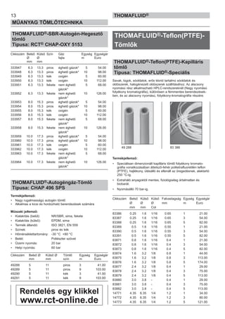THOMAFLUID®-SBR-Autogén-Hegesztő
tömlő
Típusa: RCT® CHAP-OXY 5153
Cikkszám Belső Külső Szín Gáz Egység Egységár
Ø Ø fajta m Euro
mm mm
333947 6.3 13.3 piros éghető gázok* 5 54.00
333948 6.3 13.3 piros éghető gázok* 10 98.00
333949 6.3 13.3 kék oxigén 5 60.00
333950 6.3 13.3 kék oxigén 10 112.00
333951 6.3 13.3 fekete nem éghető 5 68.00
gázok*
333952 6.3 13.3 fekete nem éghető 10 126.00
gázok*
333953 8.0 15.3 piros éghető gázok* 5 54.00
333954 8.0 15.3 piros éghető gázok* 10 98.00
333955 8.0 15.3 kék oxigén 5 60.00
333956 8.0 15.3 kék oxigén 10 112.00
333957 8.0 15.3 fekete nem éghető 5 68.00
gázok*
333958 8.0 15.3 fekete nem éghető 10 126.00
gázok*
333959 10.0 17.3 piros éghető gázok* 5 54.00
333960 10.0 17.3 piros éghető gázok* 10 98.00
333961 10.0 17.3 kék oxigén 5 60.00
333962 10.0 17.3 kék oxigén 10 112.00
333963 10.0 17.3 fekete nem éghető 5 68.00
gázok*
333964 10.0 17.3 fekete nem éghető 10 126.00
gázok*
THOMAFLUID®-Autogéngáz-Tömlő
Típusa: CHAP 496 SPS
Termékjellemző:
• Nagy rugalmasságú autogén tömlő
• Alkalmas a kicsi és hordozható berendezések számára
Műszaki jellemző:
• Kialakítás (belül): NR/SBR, sima, fekete
• Kialakítás (külső): EPDM, sima
• Termék állandó: ISO 3821, EN 559
• Színek: piros és kék
• Hőmérséklettartomány: -30 °C +80 °C
• Betét: Poliészter szövet
• Üzemi nyomás: 20 bar
• Helyi nyomás: 60 bar
Cikkszám Belső Ø Külső Ø Tömlő Egység Egységár
mm mm szín m Euro
49288 5 11 piros 3 41.00
49289 5 11 piros 9 103.00
49290 5 11 kék 3 41.00
49291 5 11 kék 9 103.00
THOMAFLUID®-Teflon(PTFE)-
Tömlők
THOMAFLUID®-Teflon(PTFE)-Kapilláris
tömlő
Típusa: THOMAFLUID®-Speciális
Savak, lúgok, sóoldatok, erős klorid tartalmú sóoldatok és
oldószerek, halogénezett oldószerek szállításához. Az alacsony
nyomású rész alkalmazható HPLC-rendszereknél (Nagy nyomású
folyékony kromatográfia), különösen a fémmentes berendezések-
ben, és az alacsony nyomású, folyékony-kromatográfia részére.
Termékjellemző:
• Speciálisan dimenzionált kapilláris tömlő folyékony kromato-
gráfia vonatkozásában áttetsző-fehér politetrafluoretilén teflon
(PTFE), hajlékony, ütésálló és ellenáll az öregedésnek, alaktartó
250 °C-ig.
• Extraháló anyagoktól mentes, fiziológiailag ártalmatlan és
biobarát.
• Nyomásálló 70 bar-ig.
Cikkszám Belső Külső Külső Falvastagság Egység Egységár
Ø Ø Ø mm m Euro
mm mm Col
83386 0.25 1.6 1/16 0.65 1 21.00
83387 0.25 1.6 1/16 0.65 3 54.00
83388 0.25 1.6 1/16 0.65 5 82.00
83389 0.5 1.6 1/16 0.55 1 21.00
83390 0.5 1.6 1/16 0.55 3 54.00
83391 0.5 1.6 1/16 0.55 5 82.00
83871 0.8 1.6 1/16 0.4 1 21.00
83872 0.8 1.6 1/16 0.4 3 54.00
83873 0.8 1.6 1/16 0.4 5 82.00
83874 1.6 3.2 1/8 0.8 1 44.00
83875 1.6 3.2 1/8 0.8 3 113.00
83876 1.6 3.2 1/8 0.8 5 174.00
83877 2.4 3.2 1/8 0.4 1 29.00
83878 2.4 3.2 1/8 0.4 3 75.00
83879 2.4 3.2 1/8 0.4 5 113.00
83880 3.0 3.8 - 0.4 1 29.00
83881 3.0 3.8 - 0.4 3 75.00
83882 3.0 3.8 - 0.4 5 113.00
14771 4.35 6.35 1/4 1.2 1 34.00
14772 4.35 6.35 1/4 1.2 3 80.00
14773 4.35 6.35 1/4 1.2 5 121.00
13
MŰANYAG TÖMLŐTECHNIKA
THOMAFLUID®
49 288 83 386
Rendelés egy klikkel
www.rct-online.de
 