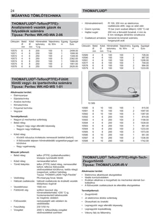 24
MŰANYAG TÖMLŐTECHNIKA
THOMAFLUID®
THOMAFLUID®-Teflon(PTFE)-
Analízismérő vezeték gázok és
folyadékok számára
Típusa: Peritec WK-HD-WA 2-06
Cikkszám Belső Külső Hőmérséklet Teljesítmény Egység Egységár
Ø Ø tartomány kb. W/m m Euro
mm mm °C-ig
10570 6 8 200 100 5 2499.00
10571 4 6 250 100 1 1006.00
10572 4 6 250 100 2 1348.00
10573 4 6 250 100 5 2382.00
10574 6 8 250 100 1 1066.00
10575 6 8 250 100 2 1461.00
10576 6 8 250 100 5 2628.00
THOMAFLUID®-Teflon(PTFE)-Fűtött
tömlő vegyi- és ipartechnika számára
Típusa: Peritec WK-HD-WS 1-01
Alkalmazási terület:
• Élelmiszeripar
• Eljárástechnika
• Analízis technika
• Klímatechnika
• Folyamat technika
• Vegyipar
Termékjellemző:
• Nagyon jó mechanikai szilárdság
• Belső réteg:
- Nagyon nagy vegyi ellenálló képesség
- Nagyon nagy hőállóság
• Külső réteg:
- Kívülről robusztus kivitelezés nemesacél betéttel (befont)
- A fűtővezeték teljesen hőmérsékletálló szigetelőanyaggal van
körülvéve
- Nagy rugalmasság
Műszaki jellemző:
• Belső réteg: teflon (PTFE) (politetrafluoretilén)
közepes nyomásálló tömlő
• Külső réteg: nemesacéllal befont
• Tömlő felépítés: teflon (PTFE) belső réteg, nemesacéllal
befont, teflonos fűtővezeték
védővezetékkel körülfonva, kettős rétegű
üvegszövet, szilikon habréteg,
Típusa: THOMAFLUID®-”High-Flexible”
• Védőréteg: PA-műanyag fonat, fekete
• Hálózati csatlakozás: hálózati csatlakozás és érzékelő vezeték
többpólusú dugóval
• Vezetékhossz: 1500 mm
• Fűtőtömlő vég: szilikon kaucsuk vég,
hőmérsékletterhelés +200 °C-ig
húzásmentesített kábelvezeték
és megtörés védelem
• Fűtővezeték: nedvességtől való védelem és
védőföldelés
• Feszültség: 230 V/50 Hz
• Vizsgálat: 2000 V, túlfeszültség vizsgálat
védővezetékkel szemben
• Hőmérsékletmérő: Pt 100, 200 mm az elektromos
csatlakozás előtt, vagy az adat után
• Üzemi nyomás: 15 bar (nem szabad átlépni) +200 °C-nál
• Hajlási sugár: 200 mm a fémvédő fonatnál, 4 mm és
6 mm névleges átmérőre vonatkozva
• Csatlakozó armatúra: bemenet és kimenet számára,
horganyzott acél.
Cikkszám Belső Külső Hőmérséklet Teljesítmény Egység Egységár
Ø Ø tartomány kb. W/m m Euro
mm mm °C-ig
10589 4 6 100 100 1 728.00
10590 4 6 100 100 2 967.00
10591 4 6 100 100 3 1206.00
10577 6 8 100 100 1 748.00
10578 6 8 100 100 2 994.00
10579 6 8 100 100 3 1233.00
10580 8 10 100 100 1 815.00
10581 8 10 100 100 2 1097.00
10582 8 10 100 100 3 1387.00
10592 4 6 200 100 1 874.00
10593 4 6 200 100 2 1199.00
10594 4 6 200 100 3 1539.00
10583 6 8 200 100 1 891.00
10584 6 8 200 100 2 1233.00
10585 6 8 200 100 3 1573.00
10586 8 10 200 100 1 951.00
10587 8 10 200 100 2 1336.00
10588 8 10 200 100 3 1742.00
THOMAFLUID® Teflon(PTFE)-High-Tech-
Zsugortömlő
Típusa: THOMAFLUOR-IR-V
Alkalmazási terület:
• Elektromos alkatrészek elszigetelése
• Ideális korrózióvédelem
• Kiválóan alkalmas a mozgatható és mechanikai elemek bur-
kolásához
• A fűtővezeték csatlakozások és ellenállás elszigetelése
Termékjellemző:
• Zsugortömlő
• Jó elektromos átütési szilárdság
• Olvasztható és öneloltó
• Legnagyobb vegyi ellenálló képesség
• Legnagyobb kopásállóság
• Vékony falú és félkemény
10 589
 