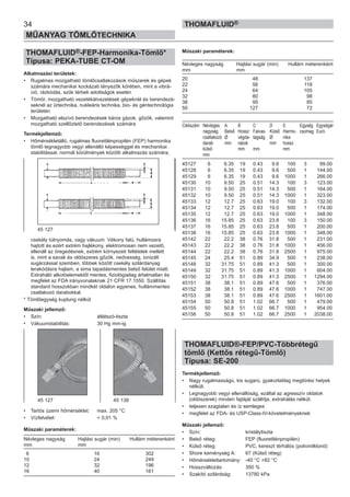 34
MŰANYAG TÖMLŐTECHNIKA
THOMAFLUID®
THOMAFLUID®-FEP-Harmonika-Tömlő*
Típusa: PEKA-TUBE CT-OM
Alkalmazási területek:
• Rugalmas mozgatható tömlőcsatlakozások műszerek és gépek
számára mechanikai kockázati tényezők körében, mint a vibrá-
ció, rázkódás, szűk térbeli adottságok esetén
• Tömör, mozgatható vezetékátvezetések gépeknél és berendezé-
seknél az űrtechnika, nukleáris technika, bio- és géntechnológia
területén
• Mozgatható elszívó berendezések káros gázok, gőzök, valamint
mozgatható szellőztető berendezések számára
Termékjellemző:
• Hőmérsékletálló, rugalmas fluoretilénpropilén (FEP) harmonika
tömlő legnagyobb vegyi ellenálló képességgel és mechanikai
stabilitással, normál körülmények közötti alkalmazás számára,
csekély túlnyomás, vagy vákuum. Vékony falú, hullámosra
hajtott és ezért extrém hajlékony, elektromosan nem vezető,
ellenáll az öregedésnek, extrém környezeti feltételek mellett
is, mint a savak és oldószeres gőzök, nedvesség, ionizált
sugárzással szemben, többek között csekély szilárdanyag
lerakódásra hajlam, a sima tapadásmentes belső felület miatt.
Extraháló alkotóelemektől mentes, fiziológiailag ártalmatlan és
megfelel az FDA irányvonalaknak 21 CFR 17.1550. Szállítás
standard hosszokban mindkét oldalon egyenes, hullámmentes
csatlakozó darabokkal.
* Tömlőegység kuplung nélkül
Műszaki jellemző:
• Szín: átlátszó-tiszta
• Vákuumstabilitás: 30 Hg mm-ig
• Tartós üzemi hőmérséklet: max. 205 °C
• Vízfelvétel: < 0,01 %
Műszaki paraméterek:
Névleges nagyság Hajlási sugár (min) Hullám méterenként
mm mm
6 16 302
10 24 249
12 32 196
16 40 161
Műszaki paraméterek:
Névleges nagyság Hajlási sugár (min) Hullám méterenként
mm mm
20 48 137
22 56 118
24 64 105
32 80 98
38 95 85
50 127 72
Cikkszám Névleges A B C D E Egység Egységár
nagyság Belső Hossz Falvas- Külső Harmo- csomag Euro
csatlakozó Ø végda- tagság Ø nika
darab mm rabok mm hossz
külső mm mm mm
mm
45127 6 6.35 19 0.43 9.6 100 3 99.00
45128 6 6.35 19 0.43 9.6 500 1 144.00
45129 6 6.35 19 0.43 9.6 1000 1 266.00
45130 10 9.50 25 0.51 14.3 100 3 123.00
45131 10 9.50 25 0.51 14.3 500 1 164.00
45132 10 9.50 25 0.51 14.3 1000 1 323.00
45133 12 12.7 25 0.63 19.0 100 3 132.00
45134 12 12.7 25 0.63 19.0 500 1 174.00
45135 12 12.7 25 0.63 19.0 1000 1 348.00
45136 16 15.85 25 0.63 23.8 100 3 150.00
45137 16 15.85 25 0.63 23.8 500 1 200.00
45138 16 15.85 25 0.63 23.8 1000 1 348.00
45142 22 22.2 38 0.76 31.8 500 1 231.00
45143 22 22.2 38 0.76 31.8 1000 1 456.00
45144 22 22.2 38 0.76 31.8 2500 1 975.00
45145 24 25.4 51 0.89 34.9 500 1 238.00
45148 32 31.75 51 0.89 41.3 500 1 300.00
45149 32 31.75 51 0.89 41.3 1000 1 604.00
45150 32 31.75 51 0.89 41.3 2500 1 1294.00
45151 38 38.1 51 0.89 47.6 500 1 376.00
45152 38 38.1 51 0.89 47.6 1000 1 747.00
45153 38 38.1 51 0.89 47.6 2500 1 1601.00
45154 50 50.8 51 1.02 66.7 500 1 479.00
45155 50 50.8 51 1.02 66.7 1000 1 954.00
45156 50 50.8 51 1.02 66.7 2500 1 2038.00
THOMAFLUID®-FEP/PVC-Többrétegű
tömlő (Kettős rétegű-Tömlő)
Típusa: SE-200
Termékjellemző:
• Nagy rugalmasságú, kis sugarú, gyakorlatilag megtörési helyek
nélküli.
• Legnagyobb vegyi ellenállóság, ezáltal az agresszív oldatok
(oldószerek) minden fajtáját szállítja, extrahálás nélkül.
• teljesen szagtalan és íz semleges
• megfelel az FDA- és USP-Class-IV-követelményeknek
Műszaki jellemző:
• Szín: kristálytiszta
• Belső réteg: FEP (fluoretilénpropilén)
• Külső réteg: PVC, kereszt térhálós (polivinilklorid)
• Shore keménység A: 67 (Külső réteg)
• Hőmérséklettartomány: -40 °C +82 °C
• Hosszváltozás: 350 %
• Szakító szilárdság: 13780 kPa
45 127 45 138
45 127
 