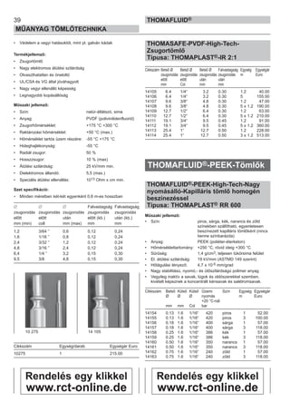 39
MŰANYAG TÖMLŐTECHNIKA
THOMAFLUID®
• Védelem a vegyi hatásoktól, mint pl. galván kádak
Termékjellemző:
• Zsugortömlő
• Nagy elektromos átütési szilárdság
• Olvaszthatatlan és öneloltó
• UL/CSA és VG által jóváhagyott
• Nagy vegyi ellenálló képesség
• Legnagyobb kopásállóság
Műszaki jellemző:
• Szín: natúr-átlátszó, sima
• Anyag: PVDF (polivinilidenfluorid)
• Zsugorhőmérséklet: +175 °C +300 °C
• Raktározási hőmérséklet: +50 °C (max.)
• Hőmérséklet tartós üzem részére: -55 °C +175 °C
• Hideghajlékonyság: -55 °C
• Radiál zsugor: 50 %
• Hosszzsugor: 10 % (max)
• Átütési szilárdság: 25 kV/mm min.
• Dielektromos állandó: 5,5 (max.)
• Speciális átütési ellenállás: 1013 Ohm x cm min.
Szet specifikáció:
• Minden méretben két-két egyenként 0,6 m-es hosszban
∅ ∅ ∅ Falvastagság Falvastagság
zsugorodás zsugorodás zsugorodás zsugorodás zsugorodás
előtt előtt után előtt (kb.) után (kb.)
mm (min) coll mm (max) mm mm
1,2 3/64 ” 0,6 0,12 0,24
1,6 1/16 ” 0,8 0,12 0,24
2,4 3/32 ” 1,2 0,12 0,24
4,8 3/16 ” 2,4 0,12 0,24
6,4 1/4 ” 3,2 0,15 0,30
9,5 3/8 4,8 0,15 0,30
Cikkszám Egység/darab Egységár Euro
10275 1 215.00
THOMASAFE-PVDF-High-Tech-
Zsugortömlő
Típusa: THOMAPLAST®-IR 2:1
Cikkszám Belső Ø Belső Ø Belső Ø Falvastagság Egység Egységár
zsugorodás zsugorodás zsugorodás zsugorodás m Euro
előtt előtt után után
mm Col mm mm
14105 6.4 1/4“ 3.2 0.30 1.2 40.00
14106 6.4 1/4“ 3.2 0.30 5 155.00
14107 9.6 3/8“ 4.8 0.30 1.2 47.00
14108 9.6 3/8“ 4.8 0.30 5 x 1.2 190.00
14109 12.7 1/2“ 6.4 0.30 1.2 63.00
14110 12.7 1/2“ 6.4 0.30 5 x 1.2 210.00
14111 19.1 3/4“ 9.5 0.45 1.2 91.00
14112 19.1 3/4“ 9.5 0.45 5 x 1.2 360.00
14113 25.4 1“ 12.7 0.50 1.2 228.00
14114 25.4 1“ 12.7 0.50 3 x 1.2 513.00
THOMAFLUID®-PEEK-Tömlők
THOMAFLUID®-PEEK-High-Tech-Nagy
nyomásálló-Kapilláris tömlő homogén
beszínezéssel
Típusa: THOMAPLAST® RR 600
Műszaki jellemző:
• Szín: piros, sárga, kék, narancs és zöld
színekben szállítható, egyenletesen
beszínezett kapilláris tömlőként (nincs
benne színbarázda)
• Anyag: PEEK (poliéter-éterketon)
• Hőmérséklettartomány: +250 °C, rövid ideig +300 °C
• Sűrűség: 1,4 g/cm3, teljesen tükörsima felület
• El. átütési szilárdság: 19 kV/mm (ASTMD 149 szerint)
• Hőtágulási tényező: 4,7 x 10-5 mm/grad
• Nagy stabilitású, nyomó,- és ütőszilárdságú polimer anyag
• Vegyileg inaktív a savak, lúgok és oldószerekkel szemben,
kivételt képeznek a koncentrált kénsavak és salétromsavak.
Cikkszám Belső Külső Külső Üzemi Szín Egység Egységár
Ø Ø Ø nyomás m Euro
+20 °C-nál
mm mm Col bar
14154 0.13 1.6 1/16“ 420 piros 1 52.00
14155 0.13 1.6 1/16“ 420 piros 3 100.00
14156 0.18 1.6 1/16“ 400 sárga 1 57.00
14157 0.18 1.6 1/16“ 400 sárga 3 118.00
14158 0.25 1.6 1/16“ 386 kék 1 57.00
14159 0.25 1.6 1/16“ 386 kék 3 118.00
14160 0.50 1.6 1/16“ 350 narancs 1 57.00
14161 0.50 1.6 1/16“ 350 narancs 3 118.00
14162 0.75 1.6 1/16“ 240 zöld 1 57.00
14163 0.75 1.6 1/16“ 240 zöld 3 118.00
10 275 14 105
Rendelés egy klikkel
www.rct-online.de
Rendelés egy klikkel
www.rct-online.de
 