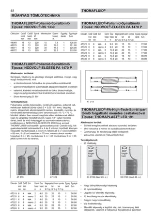 THOMAFLUID®-Poliamid-Spiráltömlő
Típusa: NODVOL®-ELGEES PA 1470 P
Cikkszám CsőØ CsőØ Szín Üzemi Össz Megengedett üzemi nyomás Egység Egységár
kívül belül hossz hossz bar bar bar darab Euro
mm mm m m 30 °C-ig 50 °C-ig 70 °C-ig
47325 8 6 kék 4 9.0 20 15 10 1 72.00
47326 8 6 narancs 4 9.0 20 15 10 1 72.00
47327 6 4 kék 6 13.4 20 20 15 1 77.00
47328 6 4 narancs 6 13.4 20 20 15 1 77.00
47329 8 6 kék 6 13.4 20 15 10 1 90.00
47330 8 6 narancs 6 13.4 20 15 10 1 90.00
THOMAFLUID®-PA-High-Tech-Spirál ipari
tömlő forgatható menetes csatlakozóval
Típusa: THOMAPLAST® LED 191
Alkalmazási terület:
• Sűrített levegővezetékek alacsony nyomású területen
• Mini hidraulika a mérés- és szabályozástechnikában
• Üzemanyag- és kenőanyag ellátó rendszerek
• Vákuumos vezetékek (Vákuumtechnika)
Termékjellemző:
• Jó hőállóság
• Nagy ütőnyúlékonysági képesség
• Jó nyomásállóság
• Legjobb UV ellenálló képesség
• Jó feszültség okozta ellenállóság
• Nagyon nagy kopásállóság
• Víz érzéketlenség
• Ellenálló képesség a legtöbb olaj, zsír, üzemanyag, lakk
oldószerek, valamint a hidraulikus folyadékokkal szemben
48
MŰANYAG TÖMLŐTECHNIKA
THOMAFLUID®
THOMAFLUID®-Poliamid-Spiráltömlő
Típusa: NODVOL®-RS 1330
Cikkszám CsőØ CsőØ Spirál Menetszám Üzemi Egység Egységár
kívül belül Ø hossz darab Euro
mm mm mm m
48069 16 13 220 15 7.5 1 126.00
48070 16 13 220 20 10.0 1 151.00
48071 16 13 220 30 15.0 1 225.00
48072 16 13 220 47 22.5 1 333.00
THOMAFLUID®-Poliamid-Spiráltömlő
Típusa: NODVOL®-ELGEES PA 1470 P
Alkalmazási területek:
Semleges, folyékony és gázállagú közegek szállítása, mozgó, vagy
rezgő rendszereknél, mint
• a robotrendszerek hidraulika- és pneumatika vezérlésénél
• ipari berendezéseknél automatizált adagolórendszerek esetében
• valamint, kísérleti mintadaraboknál és fizika, biotechnológia,
vegyi és gyógyászattechnikai kísérleti berendezések esetében
• Shore keménység D: 60°
Termékjellemző:
Folyamatos spirális tekercselés, rendkívül rugalmas, poliamid cső,
metrikusan kalibrált (tűrés külső Ø + 0,05 - 0,1 mm). Vegyileg
inaktív, kilúgozható alkotórészektől mentes, kopásálló, nyomás- és
hőmérséklet terhelhetőség üzemi tartományban -15 °C +70 °C.
Mindkét oldalon fixen szerelt megtörés elleni védelemmel ellátott
rugó és sárgarész nikkellel bevont, kúpos 1/4” külső menetes
darab, belül és kívül hatszöggel az azonnali csatlakozáshoz,
kiváltképpen a NODVOL®-ELGEES PA 3100 típus sorozat
THOMAFLUID® csővezeték- gyorscsatlakozóval. Csekély súly, két
gyakorlatorientált csőmérettel 6 x 4 és 8 x 6 mm; kipróbált, könnyen
visszaálló munkahosszal 2,4 és 6 m; tekercs Ø 6 x 4 cső esetében
= 60 mm, 8 x 6 cső esetében = 70 mm; menetszámok munka-
hosszban 2 m = 20, munkahossz 4 m = 40; munkahossz 6 m = 60;
jelölő színek kék és narancs.
Cikkszám CsőØ CsőØ Szín Üzemi Össz Megengedett üzemi nyomás Egység Egységár
kívül belül hossz hossz bar bar bar darab Euro
mm mm m m 30 °C-ig 50 °C-ig 70 °C-ig
47319 6 4 kék 2 4.6 20 20 15 1 50.00
47320 6 4 narancs 2 4.6 20 20 15 1 50.00
47321 8 6 kék 2 4.6 20 15 10 1 56.00
47322 8 6 narancs 2 4.6 20 15 10 1 56.00
47323 6 4 kék 4 9.0 20 20 15 1 62.00
47324 6 4 narancs 4 9.0 20 20 15 1 62.00
47 319 47 319 33 0199 (lásd 49. o.) 33 0199 (lásd 49. o.)
47 319
forgat-
ható
forgat-
ható
 