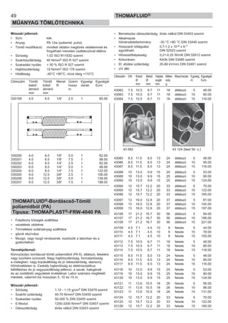 Műszaki jellemző:
• Szín: kék
• Anyag: PA 12w (poliamid, puha)
• Tömlő modifikáció: mindkét oldalon megtörés védelemmel és
forgatható menetes csatlakozóval ellátva
• Sűrűség: 1,02 ISO R1183D szerint
• Szakítószilárdság: 40 N/mm2 ISO R 527 szerint
• Szakadási nyúlás: > 50 % ISO R 527 szerint
• Hajlítószilárdság: 19 N/mm2 ISO 178 szerint
• Hőállóság: -40°C +90°C, rövid ideig +110°C
Cikkszám Tömlő Tömlő Menet Üzemi Egység/ Egységár
belső külső R hossz darab Euro
átmérő átmérő m
mm mm
330199 4.0 6.0 1/8“ 2.5 1 60.00
330200 4.0 6.0 1/8“ 5.0 1 82.00
330201 4.0 6.0 1/8“ 7.5 1 98.00
330202 6.0 8.0 1/4“ 2.5 1 62.00
330203 6.0 8.0 1/4“ 5.0 1 98.00
330204 6.0 8.0 1/4“ 7.5 1 122.00
330205 9.0 12.0 3/8“ 2.5 1 106.00
330206 9.0 12.0 3/8“ 5.0 1 138.00
330207 9.0 12.0 3/8“ 7.5 1 198.00
THOMAFLUID®-Bordáscső-Tömlő
poliamidból (PA)
Típusa: THOMAPLAST®-FRW-4040 PA
• Folyékony közegek szállítása
• vezetékek védelme
• Törmelékes szilárdanyag szállítása
• gázok elszívása
• Mozgó, vagy rezgő rendszerek, eszközök a laborban és a
gyakorlatban
Termékjellemző:
Könnyűsúlyú bordáscső tömlő poliamidból (PA 6), átlátszó, feketére
vagy szürkére színezett. Nagy hajlítószilárdság, formatartósság
a melegben, nagy kopásállóság és jó ütésszilárdság, alacsony
hőmérsékleten is. Csekély hajlandóság az elektrosztatikus
feltöltéshez és jó vegyszerállóság jellemzi, a savak, halogének
és az oxidálódó vegyületek kivételével. Labor számára megfelelő
méretek, valamint kis hosszban 5, 10 és 15 m.
Műszaki jellemző:
• Sűrűség: 1,12 - 1,15 g/cm3 DIN 53479 szerint
• Szakító szilárdság: 40-70 N/mm2 DIN 53455 szerint
• Szakadási nyúlás: 50-200 % DIN 53455 szerint
• E-Modul: 1200-3200 N/mm2 DIN 53457 szerint
• Ütésszilárdság: törés nélkül DIN 53453 szerint
49
MŰANYAG TÖMLŐTECHNIKA
THOMAFLUID®
• Bemetszési ütésszilárdság: törés nélkül DIN 53453 szerint
• Alkalmazás
hőmérséklettartomány: -30 °C +80 °C DIN 53446 szerint
• Hosszanti hőtágulási 0,7-1,2 x 10-4 x K-1
együttható: DIN 52523 szerint
• Hővezetőképesség: 0,21-0,25 W/mK DIN 52612 szerint
• Kóboráram: KA3b DIN 53480 szerint
• El. átütési szilárdság: 20-80 kV/mm DIN 53481 szerint
• UV álló
Cikkszám DN Külső Belső Hajlási Méter Beszínezés Egység Egységár
Ø Ø sugár súly m Euro
mm mm mm g
43082 7.5 10.5 6.7 11 18 átlátszó 5 48.00
43083 7.5 10.5 6.7 11 18 átlátszó 10 85.00
43084 7.5 10.5 6.7 11 18 átlátszó 15 116.00
43085 8.5 11.5 8.5 13 24 átlátszó 5 48.00
43086 8.5 11.5 8.5 13 24 átlátszó 10 85.00
43087 8.5 11.5 8.5 13 24 átlátszó 15 116.00
43088 10 13.0 9.9 15 25 átlátszó 5 53.00
43089 10 13.0 9.9 15 25 átlátszó 10 90.00
43090 10 13.0 9.9 15 25 átlátszó 15 124.00
43094 12 15.7 12.2 20 33 átlátszó 5 70.00
43095 12 15.7 12.2 20 33 átlátszó 10 122.00
43096 12 15.7 12.2 20 33 átlátszó 15 165.00
43097 13 16.0 12.8 20 37 átlátszó 5 81.00
43098 13 16.0 12.8 20 37 átlátszó 10 145.00
43099 13 16.0 12.8 20 37 átlátszó 15 197.00
43106 17 21.2 16.7 30 56 átlátszó 5 94.00
43107 17 21.2 16.7 30 56 átlátszó 10 166.00
43108 17 21.2 16.7 30 56 átlátszó 15 221.00
43109 4.5 7.1 4.5 10 9 fekete 5 44.00
43110 4.5 7.1 4.5 10 9 fekete 10 78.00
43111 4.5 7.1 4.5 10 9 fekete 15 105.00
43112 7.5 10.5 6.7 11 18 fekete 5 48.00
43113 7.5 10.5 6.7 11 18 fekete 10 85.00
43114 7.5 10.5 6.7 11 18 fekete 15 116.00
43115 8.5 11.5 8.5 13 24 fekete 5 48.00
43116 8.5 11.5 8.5 13 24 fekete 10 85.00
43117 8.5 11.5 8.5 13 24 fekete 15 116.00
43118 10 13.0 9.9 15 25 fekete 5 53.00
43119 10 13.0 9.9 15 25 fekete 10 90.00
43120 10 13.0 9.9 15 25 fekete 15 124.00
43121 11 13.6 10.5 18 26 fekete 5 56.00
43122 11 13.6 10.5 18 26 fekete 10 96.00
43123 11 13.6 10.5 18 26 fekete 15 131.00
43124 12 15.7 12.2 20 33 fekete 5 70.00
43125 12 15.7 12.2 20 33 fekete 10 122.00
43126 12 15.7 12.2 20 33 fekete 15 165.00
43 082 43 124 (lásd 50. o.)
 