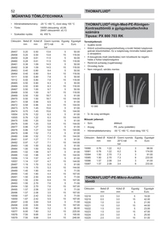 52
MŰANYAG TÖMLŐTECHNIKA
THOMAFLUID®
• Hőmérséklettartomány: -20 °C +80 °C, rövid ideig 100 °C
• Tűrés: 10059 cikkszámig: ±0,08;
28497 cikkszámtól: ±0,13
• Szakadási nyúlás: kb. 450 %
Cikkszám Belső Ø Külső Ø Üzemi nyomás Egység Egységár
mm mm 20°C-nál m Euro
bar
28457 0.20 0.50 13.6 5 50.00
28458 0.20 0.50 13.6 15 118.00
28459 0.28 0.61 11.5 5 50.00
28460 0.28 0.61 11.5 15 118.00
28461 0.38 1.09 14.5 5 50.00
28462 0.38 1.09 14.5 15 118.00
28463 0.40 0.80 9.4 5 50.00
28464 0.40 0.80 9.4 15 118.00
19111 0.50 0.80 7.8 5 50.00
19112 0.50 0.80 7.8 15 118.00
28465 0.50 0.90 8.3 5 50.00
28466 0.50 0.90 8.3 15 118.00
28467 0.50 1.00 9.7 5 50.00
28468 0.50 1.00 9.7 15 118.00
28469 0.50 1.50 18.7 5 61.00
28470 0.50 1.50 18.7 15 144.00
28471 0.58 0.96 6.5 5 61.00
28472 0.58 0.96 6.5 15 144.00
28473 0.75 1.45 15.6 5 61.00
28474 0.75 1.45 15.6 15 144.00
10054 0.76 1.22 6.3 5 61.00
10055 0.76 1.22 6.3 15 144.00
28475 0.80 1.20 5.8 5 61.00
28476 0.80 1.20 5.8 15 144.00
28477 0.86 1.27 5.8 5 61.00
28478 0.86 1.27 5.8 15 144.00
28479 0.86 1.52 7.3 5 61.00
28480 0.86 1.52 7.3 15 144.00
28481 0.97 1.27 7.1 5 61.00
28482 0.97 1.27 7.1 15 144.00
28483 1.00 1.50 8.2 5 61.00
28484 1.00 1.50 8.2 15 144.00
28485 1.02 1.98 9.7 5 61.00
28486 1.02 1.98 9.7 15 144.00
10056 1.14 1.57 4.7 5 61.00
10057 1.14 1.57 4.7 15 144.00
28487 1.19 1.70 5.3 5 61.00
28488 1.19 1.70 5.3 15 144.00
28489 1.40 1.90 4.4 5 71.00
28490 1.40 1.90 4.4 15 167.00
28491 1.50 2.50 6.9 5 71.00
28492 1.50 2.50 6.9 15 167.00
28493 1.50 2.70 7.6 5 71.00
28494 1.50 2.70 7.6 15 167.00
28495 1.57 2.08 3.5 5 71.00
28496 1.57 2.08 3.5 15 167.00
10058 1.67 2.42 5.5 5 71.00
10059 1.67 2.42 5.5 15 167.00
28497 2.00 3.00 5.9 5 71.00
28498 2.00 3.00 5.9 15 167.00
10076 6.00 7.80 3.2 5 90.00
10077 6.00 7.80 3.2 15 225.00
10078 7.50 9.68 3.4 5 100.00
10079 7.50 9.68 3.4 15 246.00
THOMAFLUID®-High-Med-PE-Röntgen-
Kontraszttömlő a gyógyászattechnika
számára
Típusa: PX 800 703 RK
Termékjellemző:
• Szállító tömlő
• Kitűnő szövetösszeegyeztethetőség a kiváló felületi tulajdonsá-
goknak köszönhetően. Ez a tulajdonság minimális hatást jelent
a vérsejtekre.
• A besugárzás miatt (sterilizálás) nem következik be negatív
hatás a fizikai tulajdonságokra
• Renkívüli puhaság (rugalmasság)
• Orvosilag tiszta
• Nem mérgező, sérülés mentes
• Íz- és szag semleges
Műszaki jellemző:
• Szín: átlátszó
• Anyag: PE, puha (polietilén)
• Hőmérséklettartomány: -50 °C +80 °C, rövid ideig 100 °C
Cikkszám Belső Ø Külső Ø Üzemi nyomás Egység Egységár
mm mm 20°C-nál m Euro
bar
10080 0.76 1.22 6.2 3 68.00
10081 0.76 1.22 6.2 9 174.00
10084 1.50 2.70 7.3 3 91.00
10085 1.50 2.70 7.3 9 233.00
10086 1.57 2.08 3.4 3 91.00
10087 1.57 2.08 3.4 9 233.00
THOMAFLUID®-PE-Mikro-Analitika
tömlő
Cikkszám Belső Ø Külső Ø Egység Egységár
mm mm m Euro
10218 0.5 3.0 5 19.00
10219 0.5 3.0 15 42.00
10220 1.0 3.0 5 21.00
10221 1.0 3.0 15 44.00
10222 1.5 3.0 5 23.00
10223 1.5 3.0 15 47.00
10224 2.0 3.0 5 25.00
10225 2.0 3.0 15 51.00
10 080 10 080
 