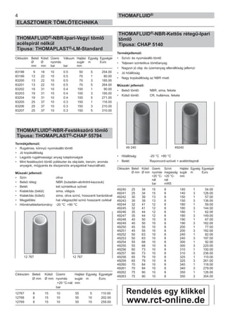THOMAFLUID®-NBR-Ipari-Vegyi tömlő
acélspirál nélkül
Típusa: THOMAPLAST®-LM-Standard
Cikkszám Belső Külső Üzemi Vákuum Hajlási Egység Egységár
Ø Ø nyomás sugár m Euro
mm mm bar bar mm
83198 9 18 10 0.5 50 5 254.00
83199 13 22 10 0.5 70 1 80.00
83200 13 22 10 0.5 70 3 185.00
83201 13 22 10 0.5 70 5 264.00
83202 19 31 10 0.4 100 1 90.00
83203 19 31 10 0.4 100 3 195.00
83204 19 31 10 0.4 100 5 271.00
83205 25 37 10 0.3 150 1 116.00
83206 25 37 10 0.3 150 3 210.00
83207 25 37 10 0.3 150 5 310.00
THOMAFLUID®-NBR-Festékszóró tömlő
Típusa: THOMAPLAST®-CHAP 55794
Termékjellemző:
• Rugalmas, könnyű nyomásálló tömlő
• Jó kopásállóság
• Legjobb rugalmasságú anyag tulajdonságok
• Mint festékszóró tömlő poliészter és olaj-lakk, benzin, aromás
anyagok, műgyanta és diszperziós anyagokkal használható.
Műszaki jellemző:
• Szín: olíva
• Belső réteg: NBR (butadién-akrilnitril-kaucsuk)
• Betét: két szintetikus szövet
• Kialakítás (belül): sima, világos
• Kialakítás (külső): sima, olíva színű, hosszanti barázdával
• Megjelölés: hat világoszöld színű hosszanti csíkkal
• Hőmérséklettartomány: -20 °C +90 °C
Cikkszám Belső Külső Üzemi Hajlási Egység Egységár
Ø mm Ø mm nyomás sugár m Euro
+20 °C-nál mm
bar
12767 8 15 10 55 5 110.00
12768 8 15 10 55 10 202.00
12769 8 15 10 55 15 259.00
THOMAFLUID®-NBR-Kettős rétegű-Ipari
tömlő
Típusa: CHAP 5140
Termékjellemző:
• Szívó- és nyomásálló tömlő
• Teljesen szintetikus tömlőanyag
• Nagyon jó olaj- és üzemanyag ellenállóság jellemzi
• Jó hőállóság
• Nagy kopásállóság az NBR miatt
Műszaki jellemző:
• Belső tömlő: NBR, sima, fekete
• Külső tömlő: CR, hullámos, fekete
• Hőállóság: -20 °C +80 °C
• Betét: Rayoncord-szövet + acéldrótspirál
Cikkszám Belső Külső Üzemi Szívó Hajlási Egység Egységár
Ø mm Ø mm nyomás magasság sugár m Euro
+20 °C- +20 °C- mm
nál nál
bar mWS
49240 25 34 15 8 140 1 54.00
49241 25 34 15 8 140 3 126.00
49242 30 39 13 8 150 1 57.00
49243 30 39 13 8 150 3 136.00
49244 32 41 12 8 180 1 59.00
49245 32 41 12 8 180 3 144.00
49246 35 44 12 8 180 1 62.00
49247 35 44 12 8 180 3 149.00
49248 40 50 10 8 190 1 67.00
49249 40 50 10 8 190 3 162.00
49250 45 55 10 8 200 1 77.00
49251 45 55 10 8 200 3 182.00
49252 50 63 10 8 240 1 82.00
49253 50 63 10 8 240 3 197.00
49254 55 68 10 8 300 1 92.00
49255 55 68 10 8 300 3 220.00
49256 60 73 10 8 310 1 100.00
49257 60 73 10 8 310 3 236.00
49258 65 79 10 8 325 1 110.00
49259 65 79 10 8 325 3 261.00
49260 70 84 10 8 340 1 118.00
49261 70 84 10 8 340 3 279.00
49262 75 90 10 8 350 1 126.00
49263 75 90 10 8 350 3 304.00
4
ELASZTOMER TÖMLŐTECHNIKA
THOMAFLUID®
12 767 12 767
49 240 49240
Rendelés egy klikkel
www.rct-online.de
 
