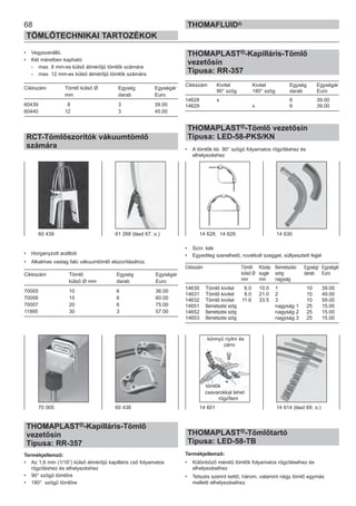 68
TÖMLŐTECHNIKAI TARTOZÉKOK
THOMAFLUID®
• Vegyszerálló.
• Két méretben kapható:
- max. 8 mm-es külső átmérőjű tömlők számára
- max. 12 mm-es külső átmérőjű tömlők számára
Cikkszám Tömlő külső Ø Egység Egységár
mm darab Euro
60439 8 3 39.00
60440 12 3 45.00
RCT-Tömlőszorítók vákuumtömlő
számára
• Horganyzott acélból
• Alkalmas vastag falú vákuumtömlő elszorításához.
Cikkszám Tömlő Egység Egységár
külső Ø mm darab Euro
70005 10 6 36.00
70006 15 6 60.00
70007 20 6 75.00
11995 30 3 57.00
THOMAPLAST®-Kapilláris-Tömlő
vezetősín
Típusa: RR-357
Termékjellemző:
• Az 1,6 mm (1/16”) külső átmérőjű kapilláris cső folyamatos
rögzítéshez és elhelyezéshez
• 90° szögű tömlőre
• 180° szögű tömlőre
THOMAPLAST®-Kapilláris-Tömlő
vezetősín
Típusa: RR-357
Cikkszám Kivitel Kivitel Egység Egységár
90° szög 180° szög darab Euro
14628 x 6 39.00
14629 x 6 39.00
THOMAPLAST®-Tömlő vezetősín
Típusa: LED-58-PKS/KN
• A tömlők kb. 90° szögű folyamatos rögzítéshez és
elhelyezéshez
• Szín: kék
• Egyedileg szerelhető, rovátkolt szeggel, süllyesztett fejjel
Cikkszám Tömlő Közép Bemetszési Egység/ Egységár
külső Ø sugár szög darab Euro
mm mm nagyság
14630 Tömlő kivitel 6.0 10.0 1 10 39.00
14631 Tömlő kivitel 8.0 21.0 2 10 49.00
14632 Tömlő kivitel 11.6 33.5 3 10 59.00
14651 Bemetszési szög nagyság 1 25 15.00
14652 Bemetszési szög nagyság 2 25 15.00
14653 Bemetszési szög nagyság 3 25 15.00
THOMAPLAST®-Tömlőtartó
Típusa: LED-58-TB
Termékjellemző:
• Különböző méretű tömlők folyamatos rögzítéséhez és
elhelyezéséhez
• Tetszés szerint kettő, három, valamint négy tömlő egymás
melletti elhelyezéséhez
70 005 60 438 14 601 14 614 (lásd 69. o.)
60 439 61 268 (lásd 67. o.) 14 628, 14 629 14 630
könnyű nyitni és
zárni
tömlők
csavarokkal lehet
rögzÍteni
 
