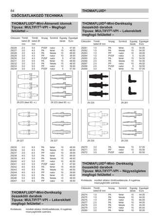 THOMAFLUID®-Mini-Átmeneti idomok
Típusa: MULTIFIT®-VPI – Megfogó
felülettel –
Cikkszám Tömlő Tömlő Anyag Színkód Egység Egységár
belső Ø/ belső Ø/ darab Euro
mm mm
29226 2.5 5.0 PVDF natúr 5 47.00
29227 3.0 4.0 PA fehér 15 48.00
29228 3.0 4.0 PA fekete 15 48.00
29229 3.0 4.0 PP natúr 10 39.00
29230 3.0 4.0 PVDF natúr 5 47.00
29231 3.0 5.0 PA fehér 15 48.00
29232 3.0 5.0 PA fekete 15 48.00
29233 3.0 5.0 PP natúr 10 39.00
29234 3.0 5.0 PVDF natúr 5 47.00
29235 3.0 6.5 PA fehér 15 48.00
29236 3.0 6.5 PA fekete 15 48.00
29237 3.0 6.5 PP natúr 10 39.00
29238 4.0 5.0 PA fehér 15 48.00
29239 4.0 5.0 PA fekete 15 48.00
29240 4.0 5.0 PP natúr 10 40.00
29241 4.0 5.0 PVDF natúr 5 47.00
29242 4.0 6.5 PA fehér 15 48.00
29243 4.0 6.5 PA fekete 15 48.00
29244 4.0 6.5 PP natúr 10 39.00
29245 5.0 6.5 PA fehér 15 48.00
29246 5.0 6.5 PA fekete 15 48.00
29247 5.0 6.5 PP natúr 10 39.00
THOMAFLUID®-Mini-Derékszög
összekötő darabok
Típusa: MULTIFIT®-VPI – Lekerekített
megfogó felülettel –
Kivitelezés: mindkét oldalon tömlőcsatlakozás. A rugalmas
műanyagtömlők számára.
THOMAFLUID®-Mini-Derékszög
összekötő darabok
Típusa: MULTIFIT®-VPI – Lekerekített
megfogó felülettel –
Cikkszám Tömlő Anyag Színkód Egység Egységár
belső Ø mm darab Euro
29261 1.5 PA fehér 15 54.00
29262 1.5 PA fekete 15 54.00
29263 1.5 PP natúr 10 49.00
29264 1.5 PVDF natúr 5 52.00
29265 2.5 PA fehér 15 54.00
29266 2.5 PA fekete 15 54.00
29267 2.5 PP natúr 10 49.00
29268 2.5 PVDF natúr 5 52.00
29269 3.0 PA fehér 15 57.00
29270 3.0 PA fekete 15 57.00
29271 3.0 PP natúr 10 55.00
29272 3.0 PVDF natúr 5 60.00
THOMAFLUID®-Mini- Derékszög
összekötő darabok
Típusa: MULTIFIT®-VPI – Négyszögletes
megfogó felülettel –
Kivitelezés: mindkét oldalon tömlőcsatlakozás. A rugalmas
műanyagtömlők számára.
Cikkszám Tömlő Anyag Színkód Egység Egységár
belső Ø mm darab Euro
29274 1.5 PA fehér 10 44.00
29275 1.5 PA fekete 10 44.00
29276 1.5 PP natúr 10 60.00
29277 2.5 PA fehér 10 44.00
29278 2.5 PA fekete 10 45.00
29279 2.5 PP natúr 10 60.00
29280 3.0 PA fehér 10 50.00
84
CSŐCSATLAKOZÓ TECHNIKA
THOMAFLUID®
29 223 (lásd 83. o.)
29 227 29 227
29 235 29 261
29 235 29 235
29 223 (lásd 83. o.)
 