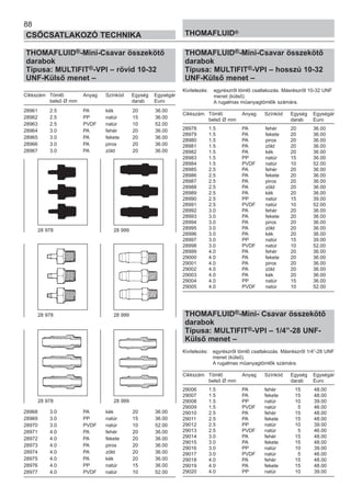 88
CSŐCSATLAKOZÓ TECHNIKA THOMAFLUID®
THOMAFLUID®-Mini-Csavar összekötő
darabok
Típusa: MULTIFIT®-VPI – rövid 10-32
UNF-Külső menet –
Cikkszám Tömlő Anyag Színkód Egység Egységár
belső Ø mm darab Euro
28961 2.5 PA kék 20 36.00
28962 2.5 PP natúr 15 36.00
28963 2.5 PVDF natúr 10 52.00
28964 3.0 PA fehér 20 36.00
28965 3.0 PA fekete 20 36.00
28966 3.0 PA piros 20 36.00
28967 3.0 PA zöld 20 36.00
28968 3.0 PA kék 20 36.00
28969 3.0 PP natúr 15 36.00
28970 3.0 PVDF natúr 10 52.00
28971 4.0 PA fehér 20 36.00
28972 4.0 PA fekete 20 36.00
28973 4.0 PA piros 20 36.00
28974 4.0 PA zöld 20 36.00
28975 4.0 PA kék 20 36.00
28976 4.0 PP natúr 15 36.00
28977 4.0 PVDF natúr 10 52.00
THOMAFLUID®-Mini-Csavar összekötő
darabok
Típusa: MULTIFIT®-VPI – hosszú 10-32
UNF-Külső menet –
Kivitelezés: egyrészről tömlő csatlakozás. Másrészről 10-32 UNF
menet (külső).
A rugalmas műanyagtömlők számára.
Cikkszám Tömlő Anyag Színkód Egység Egységár
belső Ø mm darab Euro
28978 1.5 PA fehér 20 36.00
28979 1.5 PA fekete 20 36.00
28980 1.5 PA piros 20 36.00
28981 1.5 PA zöld 20 36.00
28982 1.5 PA kék 20 36.00
28983 1.5 PP natúr 15 36.00
28984 1.5 PVDF natúr 10 52.00
28985 2.5 PA fehér 20 36.00
28986 2.5 PA fekete 20 36.00
28987 2.5 PA piros 20 36.00
28988 2.5 PA zöld 20 36.00
28989 2.5 PA kék 20 36.00
28990 2.5 PP natúr 15 39.00
28991 2.5 PVDF natúr 10 52.00
28992 3.0 PA fehér 20 36.00
28993 3.0 PA fekete 20 36.00
28994 3.0 PA piros 20 36.00
28995 3.0 PA zöld 20 36.00
28996 3.0 PA kék 20 36.00
28997 3.0 PP natúr 15 39.00
28998 3.0 PVDF natúr 10 52.00
28999 4.0 PA fehér 20 36.00
29000 4.0 PA fekete 20 36.00
29001 4.0 PA piros 20 36.00
29002 4.0 PA zöld 20 36.00
29003 4.0 PA kék 20 36.00
29004 4.0 PP natúr 15 36.00
29005 4.0 PVDF natúr 10 52.00
THOMAFLUID®-Mini- Csavar összekötő
darabok
Típusa: MULTIFIT®-VPI – 1/4”-28 UNF-
Külső menet –
Kivitelezés: egyrészről tömlő csatlakozás. Másrészről 1/4”-28 UNF
menet (külső).
A rugalmas műanyagtömlők számára.
Cikkszám Tömlő Anyag Színkód Egység Egységár
belső Ø mm darab Euro
29006 1.5 PA fehér 15 48.00
29007 1.5 PA fekete 15 48.00
29008 1.5 PP natúr 10 39.00
29009 1.5 PVDF natúr 5 46.00
29010 2.5 PA fehér 15 48.00
29011 2.5 PA fekete 15 48.00
29012 2.5 PP natúr 10 39.00
29013 2.5 PVDF natúr 5 46.00
29014 3.0 PA fehér 15 48.00
29015 3.0 PA fekete 15 48.00
29016 3.0 PP natúr 10 39.00
29017 3.0 PVDF natúr 5 46.00
29018 4.0 PA fehér 15 48.00
29019 4.0 PA fekete 15 48.00
29020 4.0 PP natúr 10 39.00
28 978 28 999
28 978 28 999
28 978 28 999
 