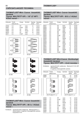 90
CSŐCSATLAKOZÓ TECHNIKA
THOMAFLUID®
THOMAFLUID®-Mini- Csavar összekötő
darabok
Típusa: MULTIFIT®-VPI – 1/8”-27 NPT-
Külső menet –
Cikkszám Tömlő Anyag Színkód Egység Egységár
belső Ø mm darab Euro
29066 5.0 PP natúr 10 59.00
29067 5.0 PVDF natúr 5 65.00
29068 6.5 PA fehér 15 66.00
29069 6.5 PA fekete 15 66.00
29070 6.5 PP natúr 10 59.00
29071 6.5 PVDF natúr 5 65.00
THOMAFLUID®-Mini- Csavar összekötő
darabok
Típusa: MULTIFIT®-VPI – M 6 x 1-Külső
menet –
Kivitelezés: egyrészről tömlő csatlakozás. Másrészről M 6 x 1
menet (külső). A rugalmas műanyagtömlők számára.
Kulcsméret 8 mm
THOMAFLUID®-Mini- Csavar összekötő
darabok
Típusa: MULTIFIT®-VPI – M 6 x 1-Külső
menet –
Cikkszám Tömlő Anyag Színkód Egység Egységár
belső Ø mm darab Euro
29027 1.5 PA fehér 15 48.00
29028 1.5 PA fekete 15 48.00
29029 1.5 PP natúr 10 39.00
29030 1.5 PVDF natúr 5 46.00
29031 2.5 PA fehér 15 48.00
29032 2.5 PA fekete 15 48.00
29033 2.5 PP natúr 10 39.00
29034 2.5 PVDF natúr 5 46.00
29035 3.0 PA fehér 15 48.00
29036 3.0 PA fekete 15 48.00
29037 3.0 PP natúr 10 39.00
29038 3.0 PVDF natúr 5 46.00
29039 4.0 PA fehér 15 48.00
29040 4.0 PA fekete 15 48.00
29041 4.0 PP natúr 10 39.00
29042 4.0 PVDF natúr 5 46.00
29043 5.0 PA fehér 15 48.00
29044 5.0 PA fekete 15 48.00
29045 5.0 PP natúr 10 39.00
29046 5.0 PVDF natúr 5 46.00
THOMAFLUID®-Mini-Csavar -Derékszögű
összekötő darabok
Típusa: MULTIFIT®-VPI – rövid menetes –
Kivitelezés: egyrészről tömlő csatlakozás. Másrészről 10-32 UNF
menet (külső).
A rugalmas műanyagtömlők számára.
Cikkszám Tömlő Anyag Színkód Egység Egységár
belső Ø mm darab Euro
29086 1.5 PA fehér 15 54.00
29087 1.5 PA fekete 15 54.00
29088 1.5 PP natúr 10 49.00
29089 1.5 PVDF natúr 5 52.00
29090 2.5 PA fehér 15 54.00
29091 2.5 PA fekete 15 54.00
29092 2.5 PP natúr 10 49.00
29093 2.5 PVDF natúr 5 52.00
29094 3.0 PA fehér 15 60.00
29095 3.0 PA fekete 15 60.00
29096 3.0 PP natúr 10 54.00
29097 3.0 PVDF natúr 5 59.00
29 073 (lásd 91. o.)29 086 29 086
29 027 29 027
29 086 29 073
29 073 (lásd 91. o.)
 