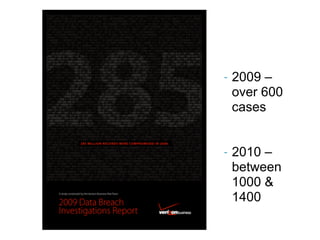 -   2009 –
    over 600
    cases


-   2010 –
    between
    1000 &
    1400
 