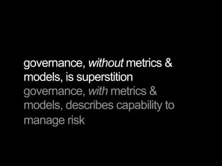 governance, without metrics &
models, is superstition
governance, with metrics &
models, describes capability to
manage risk
 