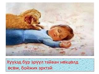 Хүүхэд бүр эрүүл тайван нөхцөлд
өсөж, бойжих эрхтэй.
 