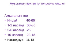Амьсгалын эрхтэн тогтолцооны онцлог

Амьсгалын тоо
• Нярай
40-60
• 1-2 насанд 30-35
• 5-6 насанд 25
• 10 насанд 20-18
• Насанд хүр 16-18

 