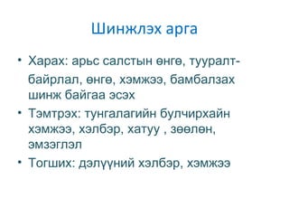 Шинжлэх арга
• Харах: арьс салстын өнгө, тууралтбайрлал, өнгө, хэмжээ, бамбалзах
шинж байгаа эсэх
• Тэмтрэх: тунгалагийн булчирхайн
хэмжээ, хэлбэр, хатуу , зөөлөн,
эмзэглэл
• Тогших: дэлүүний хэлбэр, хэмжээ

 