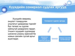 Хүүхдийн сонирхол судлах аргуудХүүхдийнөвөрмөцонцлогттохируулануншлагыгудирдахадтэднийгбүхталаас ньсудлахзайлшгүйшаардлагагардаг. Уншигчхүүхдийгсудлахдаашинжлэхухааныерөнхийбаномынсангийнтусгайаргыгашигладаг. 