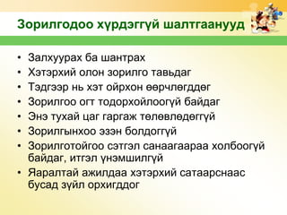 Зорилгодоо хүрдэггүй шалтгаанууд
•
•
•
•
•
•
•

Залхуурах ба шантрах
Хэтэрхий олон зорилго тавьдаг
Тэдгээр нь хэт ойрхон өөрчлөгддөг
Зорилгоо огт тодорхойлоогүй байдаг
Энэ тухай цаг гаргаж төлөвлөдөггүй
Зорилгынхоо эзэн болдоггүй
Зорилготойгоо сэтгэл санаагаараа холбоогүй
байдаг, итгэл үнэмшилгүй
• Яаралтай ажилдаа хэтэрхий сатаарснаас
бусад зүйл орхигддог

 