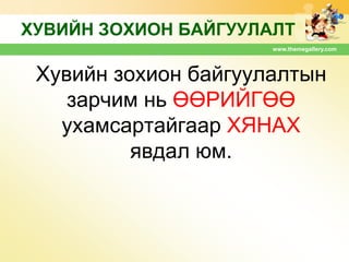 ХУВИЙН ЗОХИОН БАЙГУУЛАЛТ
www.themegallery.com

Хувийн зохион байгуулалтын
зарчим нь ӨӨРИЙГӨӨ
ухамсартайгаар ХЯНАХ
явдал юм.

 