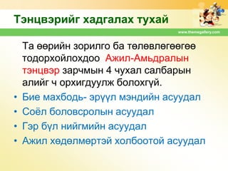 Тэнцвэрийг хадгалах тухай
www.themegallery.com

•
•
•
•

Та өөрийн зорилго ба төлөвлөгөөгөө
тодорхойлохдоо Ажил-Амьдралын
тэнцвэр зарчмын 4 чухал салбарын
алийг ч орхигдуулж болохгүй.
Бие махбодь- эрүүл мэндийн асуудал
Соѐл боловсролын асуудал
Гэр бүл нийгмийн асуудал
Ажил хөдөлмөртэй холбоотой асуудал

 