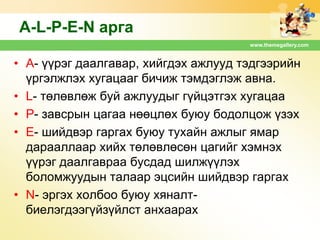 A-L-P-E-N арга
www.themegallery.com

• A- үүрэг даалгавар, хийгдэх ажлууд тэдгээрийн
үргэлжлэх хугацааг бичиж тэмдэглэж авна.
• L- төлөвлөж буй ажлуудыг гүйцэтгэх хугацаа
• P- завсрын цагаа нөөцлөх буюу бодолцож үзэх
• E- шийдвэр гаргах буюу тухайн ажлыг ямар
дарааллаар хийх төлөвлөсөн цагийг хэмнэх
үүрэг даалгавраа бусдад шилжүүлэх
боломжуудын талаар эцсийн шийдвэр гаргах
• N- эргэх холбоо буюу хяналтбиелэгдээгүйзүйлст анхаарах

 