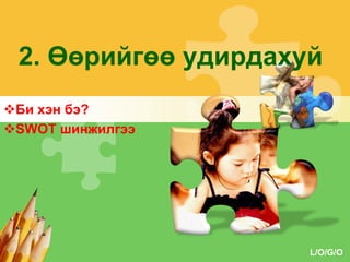 2. Өөрийгөө удирдахуй
Би хэн бэ?
SWOT шинжилгээ

L/O/G/O

 