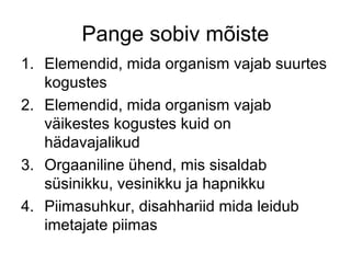 Pange sobiv mõiste
1. Elemendid, mida organism vajab suurtes
   kogustes
2. Elemendid, mida organism vajab
   väikestes kogustes kuid on
   hädavajalikud
3. Orgaaniline ühend, mis sisaldab
   süsinikku, vesinikku ja hapnikku
4. Piimasuhkur, disahhariid mida leidub
   imetajate piimas
 