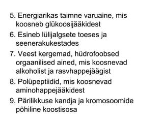 5. Energiarikas taimne varuaine, mis
  koosneb glükoosijääkidest
6. Esineb lülijalgsete toeses ja
  seenerakukestades
7. Veest kergemad, hüdrofoobsed
  orgaanilised ained, mis koosnevad
  alkoholist ja rasvhappejäägist
8. Polüpeptiidid, mis koosnevad
  aminohappejääkidest
9. Pärilikkuse kandja ja kromosoomide
  põhiline koostisosa
 