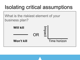 Isolating critical assumptions
What is the riskiest element of your
business plan?
Impact
Time horizon
OR
Will kill
Won’t kill
 