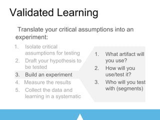 Minimum Viable Product
Translate your critical assumptions into an
experiment:
Validated Learning
1. Isolate critical
assumptions for testing
2. Draft your hypothesis to
be tested
3. Build an experiment
4. Measure the results
5. Collect the data and
learning in a systematic
1. What artifact will
you use?
2. How will you
use/test it?
3. Who will you test
with (segments)
 