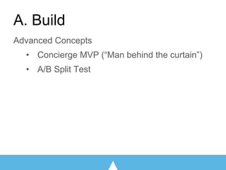 A. Build
Advanced Concepts
• Concierge MVP (“Man behind the curtain”)
• A/B Split Test
 