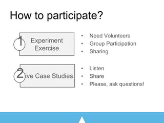 How to participate?
Experiment
Exercise
Live Case Studies
• Listen
• Share
• Please, ask questions!
• Need Volunteers
• Group Participation
• Sharing
1
2
 