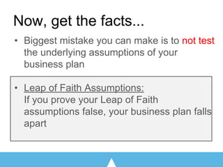 Now, get the facts...
• Biggest mistake you can make is to not test
the underlying assumptions of your
business plan
• Lea...