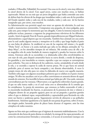 traslado a Villanubla, Valladolid. Era normal. Una cosa era la cárcel y otra muy diferente
la cárcel dentro de la cárcel. Con aquel joven, como con muchos otros, se habían
equivocado. Moisés no era más que un joven drogadicto que había cometido una serie
de delitos bajo los efectos de las drogas que inundaban todos y cada uno de los presidios
del Estado español, todas y cada una de las ciudades, todos y cada uno de los barrios
marginales que, por cierto, eran muchos.
La Administración nos permitió aquel mes tener un aparato de televisión, lo cual nos
ayudó a mantenernos entretenidos. Compramos una pequeña, de cinco pulgadas, para
cada uno, para romper la monotonía que nos ahogaba. Como la inmensa mayoría de la
población reclusa, pasamos a tragarnos las programaciones televisivas de los diferentes
canales. Asistí al segundo Tour de Francia, ganado impecablemente por Miguel Indurain,
aﬁcionándome a aquel deporte que me encantaba. También hice amistad con una araña
para la cual cazaba algunas moscas y mosquitos en la celda y que luego bajaba al patio
en una bolsa de plástico. Se estableció en una de las esquinas del mismo y la apodé
“Doña Tecla”, en honor a la araña malvada que salía en los dibujos animados de “La
abeja Maya”, en los añorables tiempos de mi infancia. Me sentaba cerca de ella y de
su magníﬁca tela de araña bordada de manera magistral y posaba los insectos sobre la
misma. Entonces salía de su escondrijo y se abalanzaba sobre ellos envolviéndolos en
con tejer de tela, para después arrastrarlos hacia su cueva donde, a modo de despensa,
los guardaba y, tras inocularles su veneno, esperaba a que sus cuerpos se corrompieran
para sorberlos. Tras esto se deshacía de los cadáveres, vacíos, arrojándolos al suelo desde
la tela, y se escondía a esperar la caída de nuevas presas. No es que fuera mi animal
preferido, pero al menos me hacía compañía y me distraía observándola. A veces le
rompía trozos de tela sólo para ver cómo la elaboraba de nuevo con aquella maestría.
También solía jugar con algunos escarabajos peloteros que se colaban en el patio: éramos
amigos. Ni ellos me atacaban a mí ni yo a ellos; convivíamos en armonía dentro de aquel
mundo de cemento. Era increíble la fauna animal que había por allí. Una tarde, mientras
conversábamos por las ventanas. Observamos a un aguilucho sobrevolar el patio grande,
al que no salía nunca nadie y en el cual varias aves se alimentaban de la comida que
les arrojábamos. La pareja de estorninos, que entonces ya había construido el nido y
se encontraba incubando los huevos, se percataron de la presencia de éste y volaron a
refugiarse dentro de un pequeño agujero; pero no así un pequeño y gracioso gorrión
sobre el que se abalanzó rapaz, sorprendiéndolo y capturándolo para llevárselo sin vida
entre sus fuertes y poderosas garras. Seguramente serviría de almuerzo a sus polluelos
hambrientos. Asistimos igualmente a la cópula de una pareja de gaviotas, sobre el muro,
sin ningún pudor, lanzando gritos de placer hasta alcanzar el orgasmo, ante las risas
cómplices de todos nosotros.

Agosto no hizo más que conﬁrmar que el régimen de mantenía indeﬁnidamente. Con la
concesión de dos horas de patio diarias en soledad y la entrega de las ropas personales, así
como las comunicaciones limitadas y censuradas, o el acceso al economato (aunque con

                                          • 212 •
 