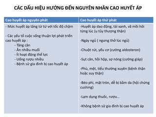 CÁC DẤU HIỆU HƯỚNG ĐẾN NGUYÊN NHÂN CAO HUYẾT ÁP
Cao huyết áp nguyên phát Cao huyết áp thứ phát
- Mức huyết áp tăng từ từ với tốc độ chậm
- Các yếu tố cuộc sống thuận lợi phát triển
cao huyết áp :
- Tăng cân
- Ăn nhiều muối
- Ít hoạt động thể lực
- Uống rượu nhiều
- Bệnh sử gia đình bị cao huyết áp
-Huyết áp dao động, tái xanh, vã mồi hôi
từng lúc (u tủy thượng thận)
-Ngáy ngủ ( ngưng thở lúc ngủ)
-Chuột rút, yếu cơ (cường aldosteron)
-Sụt cân, hồi hộp, sợ nóng (cường giáp)
-Phù, mệt, tiểu thường xuyên (bệnh thận
hoặc suy thận)
-Béo phì, mặt tròn, dễ bị bầm da (hội chứng
cushing)
-Lạm dụng thuốc, rượu…
-Không bệnh sử gia đình bị cao huyết áp
 