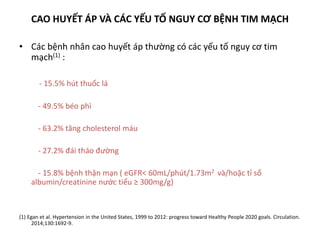 CAO HUYẾT ÁP VÀ CÁC YẾU TỐ NGUY CƠ BỆNH TIM MẠCH
• Các bệnh nhân cao huyết áp thường có các yếu tố nguy cơ tim
mạch(1) :
- 15.5% hút thuốc lá
- 49.5% béo phì
- 63.2% tăng cholesterol máu
- 27.2% đái tháo đường
- 15.8% bệnh thận mạn ( eGFR< 60mL/phút/1.73m2 và/hoặc tỉ số
albumin/creatinine nước tiểu ≥ 300mg/g)
(1) Egan et al. Hypertension in the United States, 1999 to 2012: progress toward Healthy People 2020 goals. Circulation.
2014;130:1692-9.
 