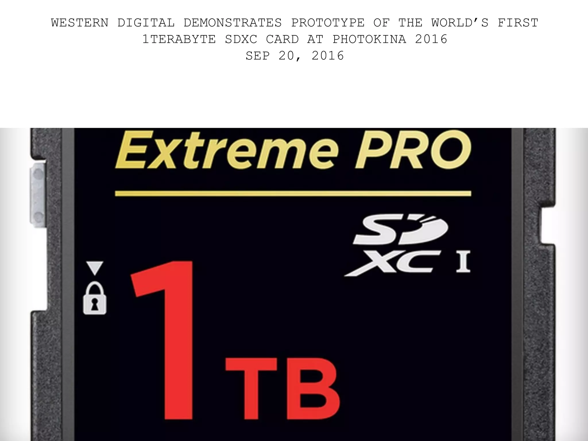 WESTERN DIGITAL DEMONSTRATES PROTOTYPE OF THE WORLD’S FIRST
1TERABYTE SDXC CARD AT PHOTOKINA 2016
SEP 20, 2016
 