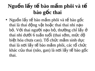 Ngu?n l?y t? bo m?m ph?i v t?
          bo g?c thai
? Ngu?n l?y t? bo m?m ph?i v t? bo g?c
  thai l thai ??ng v?t ho?c thai thai nhi n?o
  b?. V?i thai ng??i n?o b?, th??ng ch? l?y ?
  thai nhi d??i 6 tu?n tu?i (thai s?m, m?c ??
  bi?t ha ch?a cao). T? ch?c m?m sinh d?c
  thai l n?i l?y t? bo m?m ph?i, cc t? ch?c
  khc c?a thai (n?o, gan) l n?i l?y t? bo g?c
  thai.
 