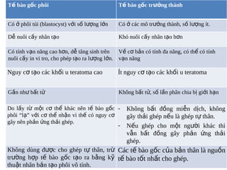 T? bo g?c ph?i                               T? bo g?c tr??ng thnh


C ? ph?i ti (blastocyst) v?i s? l??ng l?n   C ? cc m? tr??ng thnh, s? l??ng t.

D? nu?i c?y nh?n t?o                          Kh nu?i c?y nh?n t?o h?n

C tnh v?n n?ng cao h?n, d? t?ng sinh trn    V? c? b?n c tnh ?a n?ng, c th? c tnh
nu?i c?y in vi tro, cho php t?o ra l??ng l?n. v?n n?ng

Nguy c? t?o cc kh?i u teratoma cao           ?t nguy c? t?o cc kh?i u teratoma


G?n nh? b?t t?                                Kh?ng b?t t?, s? l?n ph?n chia b? gi?i h?n

Do l?y t? m?t c? th? khc nn t? bo g?c -        Kh?ng b?t ??ng mi?n d?ch, kh?ng
ph?i l? v?i c? th? nh?n v th? c nguy c?       g?y th?i ghp n?u l ghp t? th?n.
g?y nn ph?n ?ng th?i ghp.
                                              -   N?u ghp cho m?t ng??i khc th
                                                  v?n b?t ??ng g?y ph?n ?ng th?i
                                                  ghp.
Kh?ng dng ???c cho ghp t? th?n, tr? Cc t? bo g?c c?a b?n th?n l ngu?n
tr??ng h?p t? bo g?c t?o ra b?ng k? t? bo t?t nh?t cho ghp.
thu?t nh?n b?n t?o ph?i v? tnh.
 