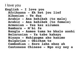 I love you
English???I?love?you?
   Afrikaans???Ek?het?jou?lief?
   Albanian???Te?dua?
   Arabic???Ana?behibak?(to?male)?
   Arabic???Ana?behibek?(to?female)?
   Armenian???Yes?kez?sirumen?
   Bambara???M'bi?fe?
   Bangla???Aamee?tuma?ke?bhalo?aashi?
   Belarusian???Ya?tabe?kahayu?
   Bisaya???Nahigugma?ako?kanimo?
   Bulgarian???Obicham?te?
   Cambodian???Soro?lahn?nhee?ah?
   Cantonese?Chinese???Ngo?oiy?ney?a?
 