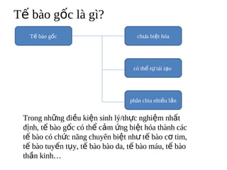 T? bo g?c l g?
   T? bo g?c                       ch?a bi?t ha




                                   c th? t? ti t?o




                                  ph?n chia nhi?u l?n


 Trong nh?ng ?i?u ki?n sinh l?/th?c nghi?m nh?t
 ??nh, t? bo g?c c th? c?m ?ng bi?t ha thnh cc
 t? bo c ch?c n?ng chuyn bi?t nh? t? bo c? tim,
 t? bo tuy?n t?y, t? bo bo da, t? bo mu, t? bo
 th?n kinh
 